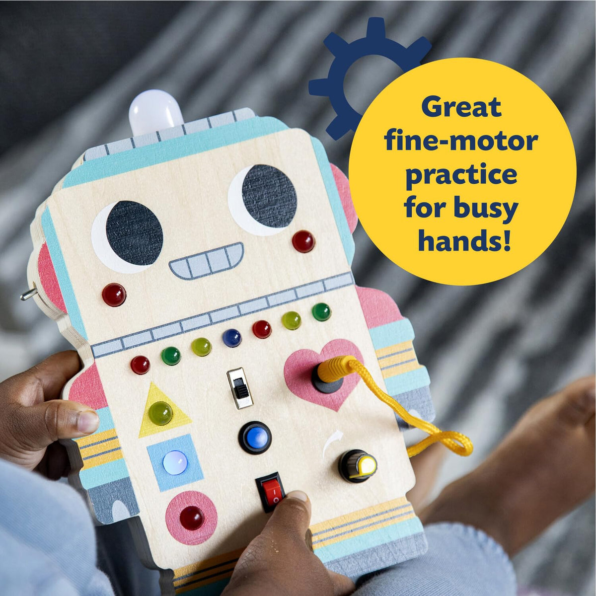 Peaceable Kingdom Blinkity Bot Light Up Busy Board for Toddlers Montessori Wooden Toy