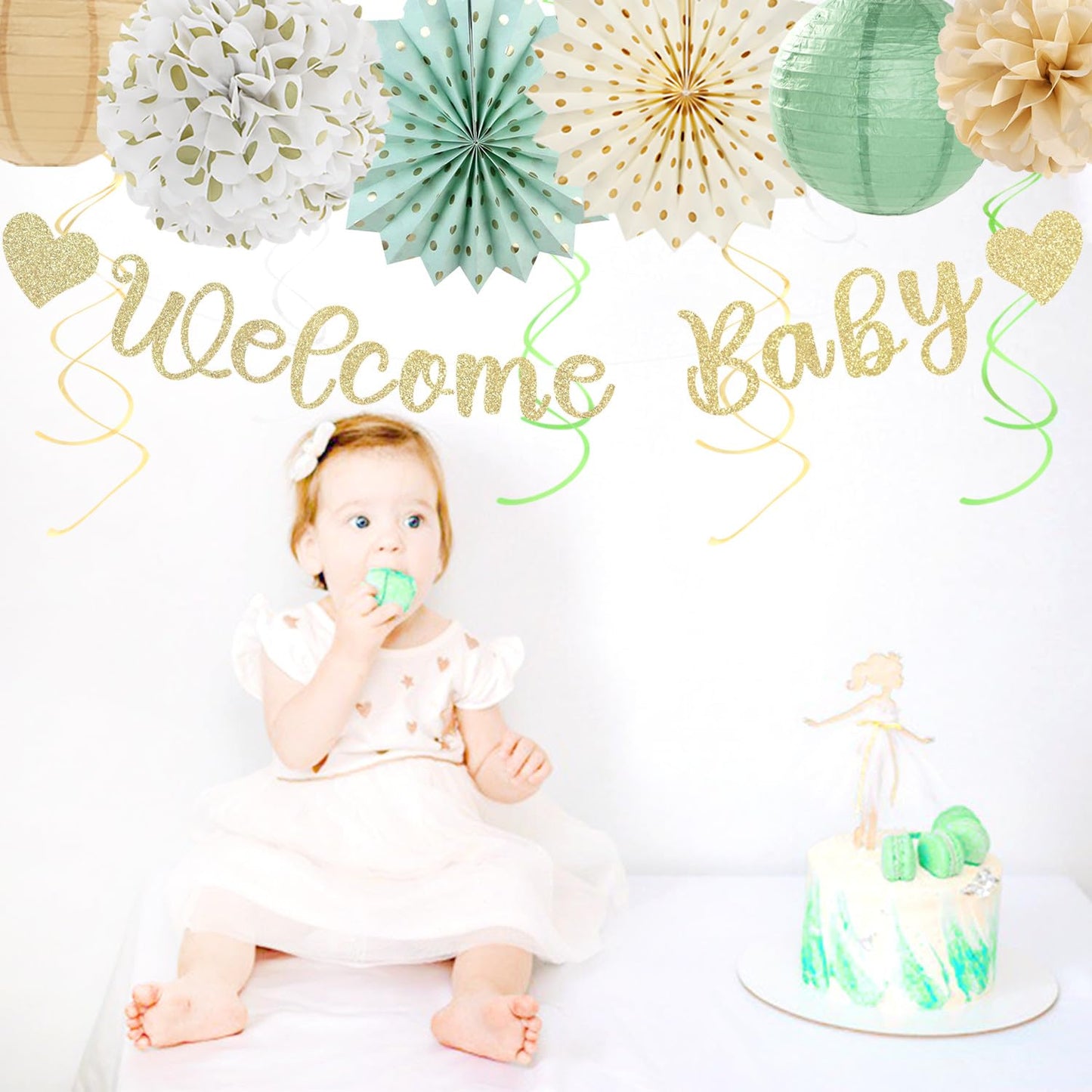 Sage-Green Champagne-Beige Baby Shower Party-Decorations - 21pcs Girls Boy Welcome Baby Banner,Paper Lanterns Pom Poms,Safari Woodland Boho Neutral