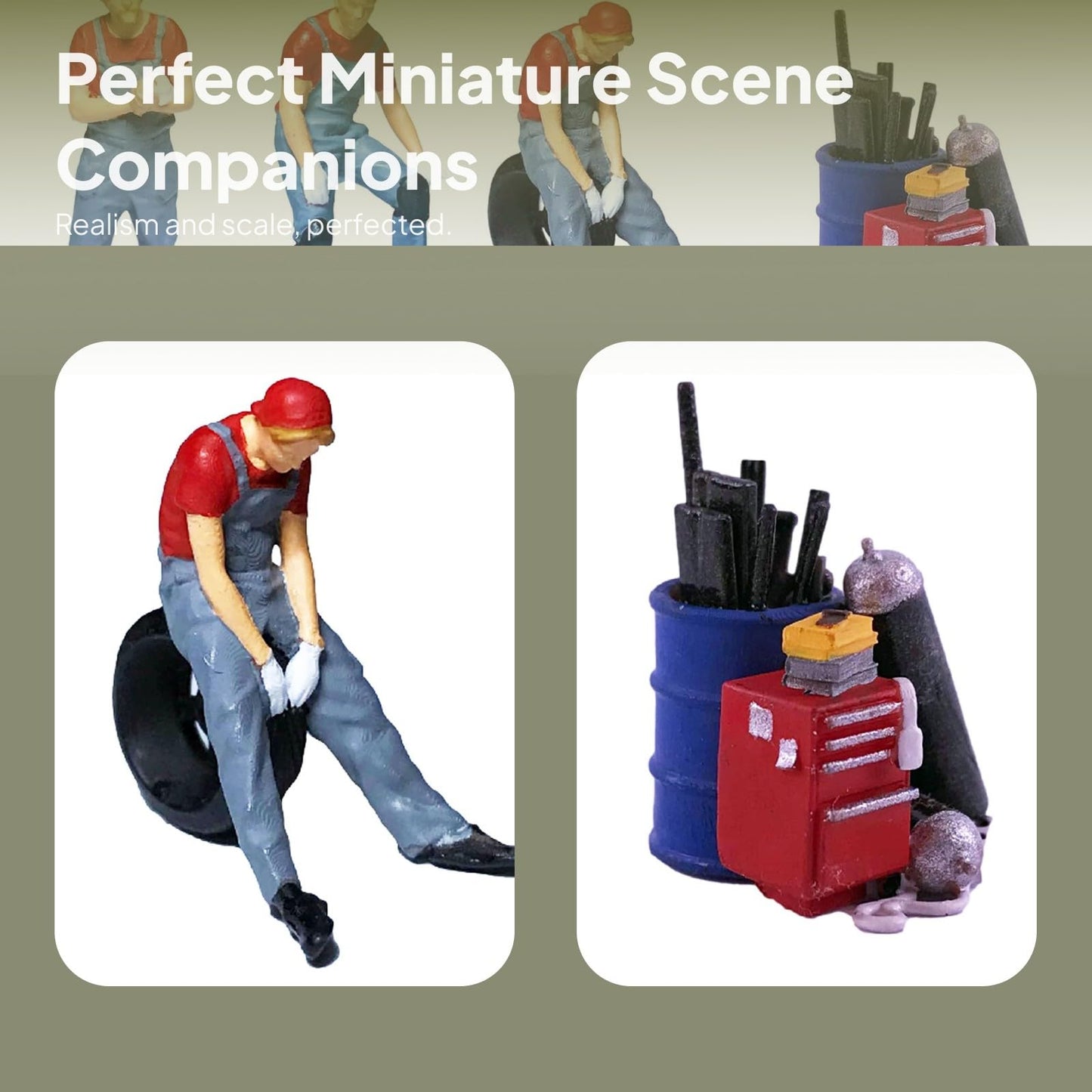 Yiju 1/64 Scale Hand Painted Repairman Figurines, Resin Miniature People for Diorama and Car Model Scenes, Red A (3 Figurines + Toolbox)