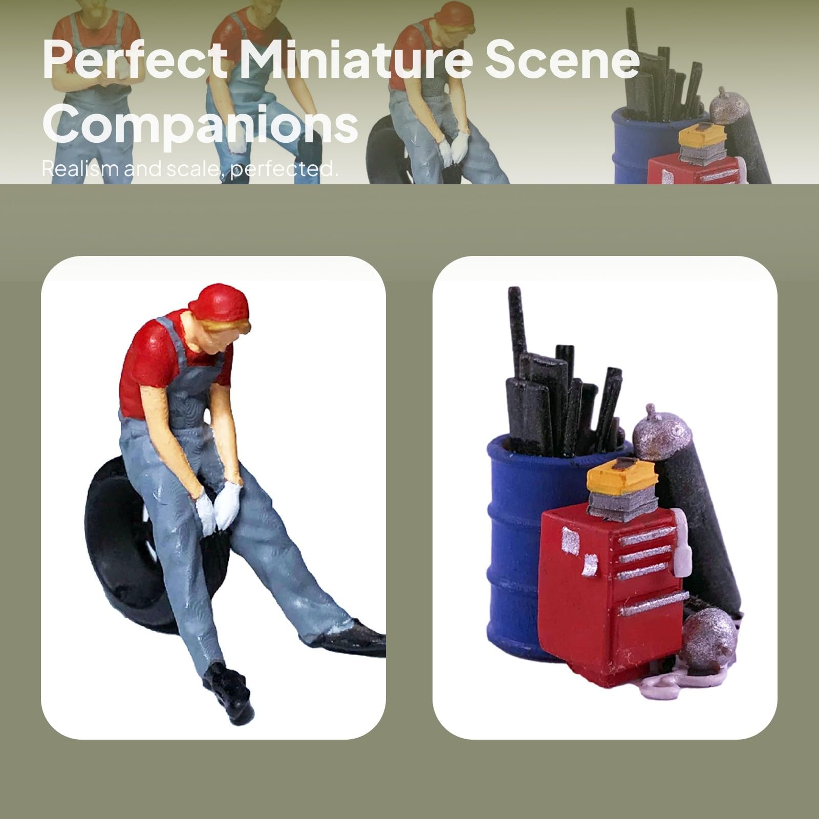 Yiju 1/64 Scale Hand Painted Repairman Figurines, Resin Miniature People for Diorama and Car Model Scenes, Red A (3 Figurines + Toolbox)