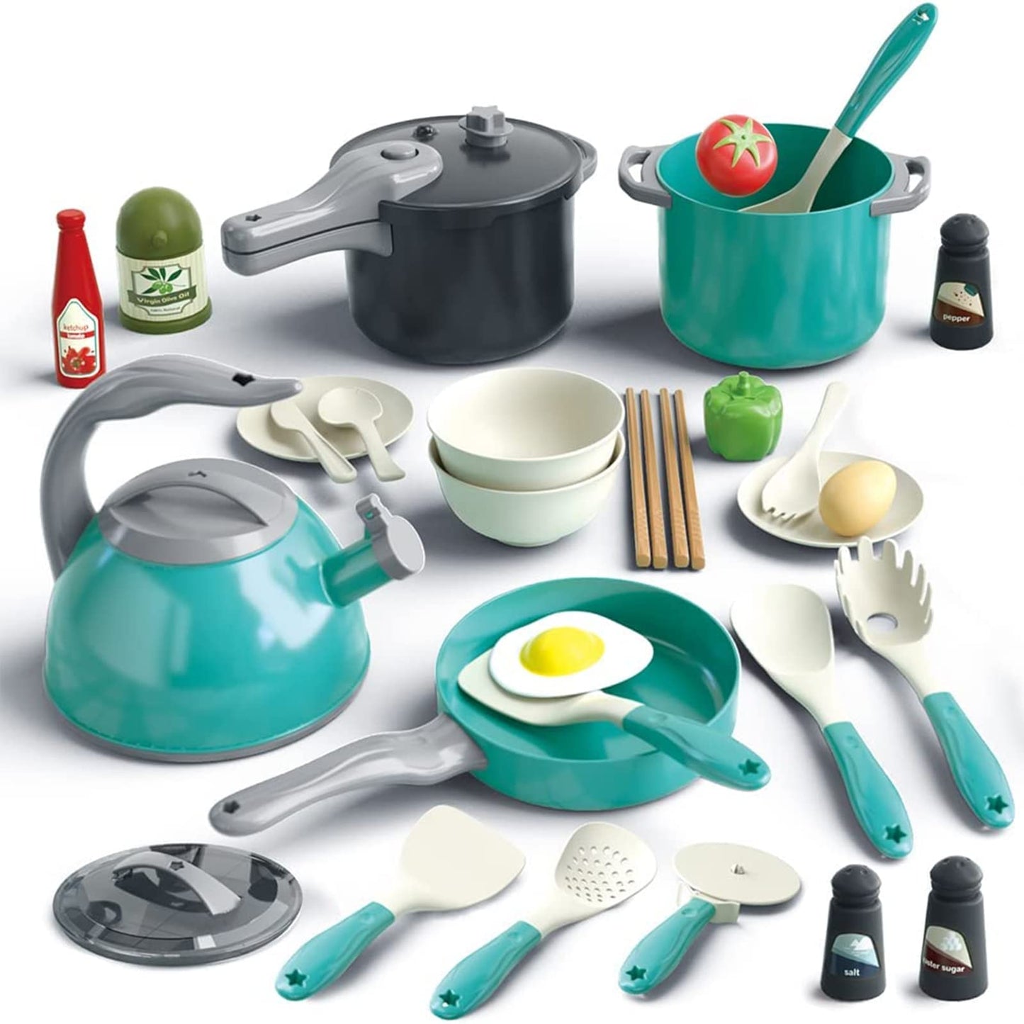 Bruvoalon 32Pcs Kids Play Kitchen Toys Set, Toddlers Pretend Cooking Playset Acccessories with Pots Pans, Utensils Cookware, Foods, Canned Veges