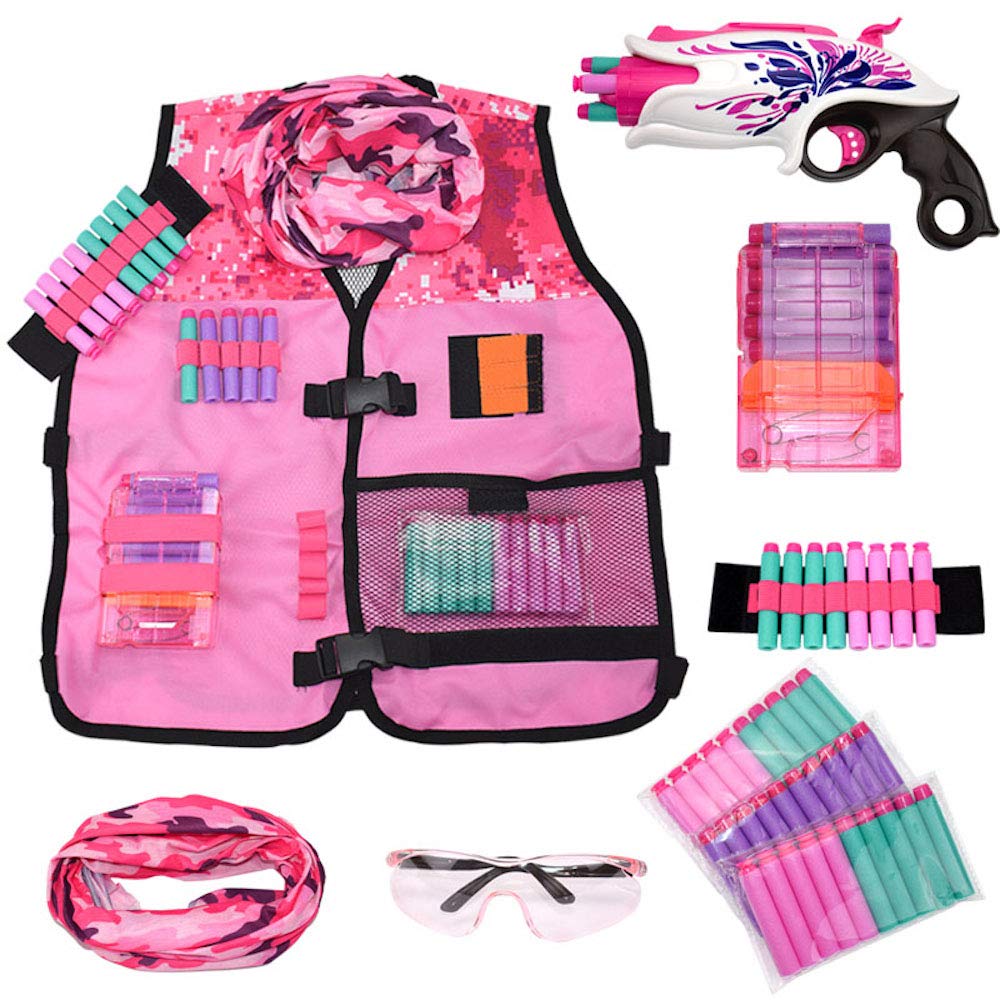 Girls Pink Tactical Vest Set with Gun for Nerf Rebelle and N-Strike Elite Series with 30 Refill Darts, Quick Reload Clip, Wrist Ammo Holder, Safety