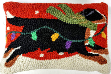 Running Bernese Mountain Dog Christmas Lights Mini Hooked Wool Pillow 8 x 12