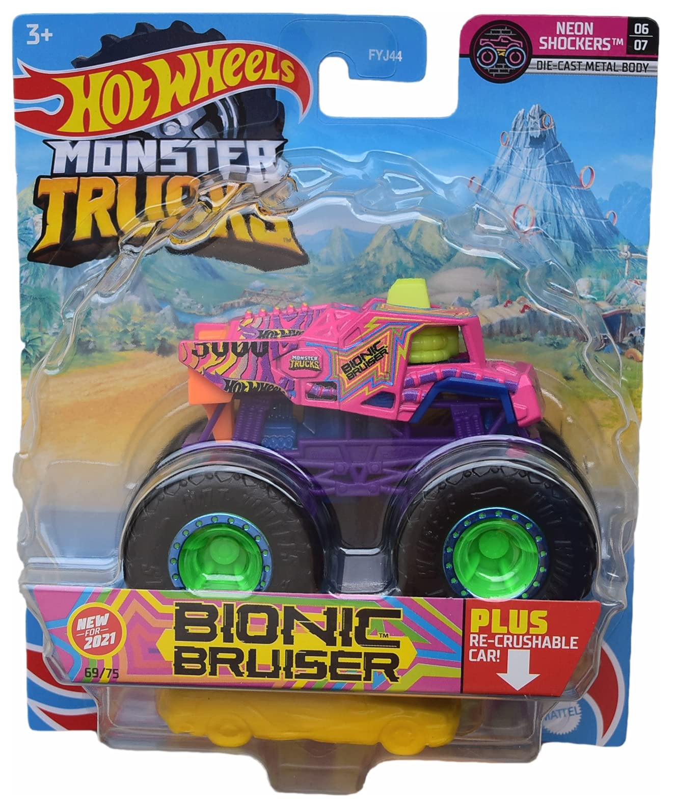 Hot Wheels Monster Trucks Bionic Bruiser, [Pink] Re-Crushable Car 69/75 Neon Shockers 6/7