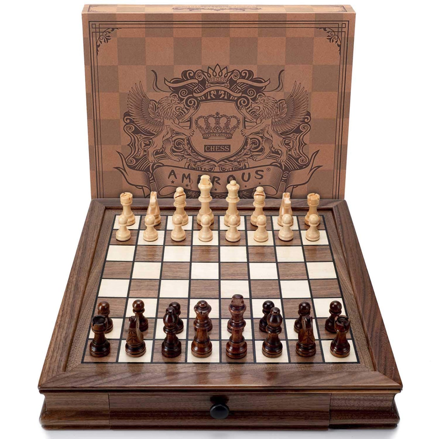 AMEROUS Magnetic Wooden Chess Set, 12.8" x 12.8" Walnut Chess Board Game with 2 Built-in Storage Drawers - 2 Bonus Extra Queens - Chess for Beginner