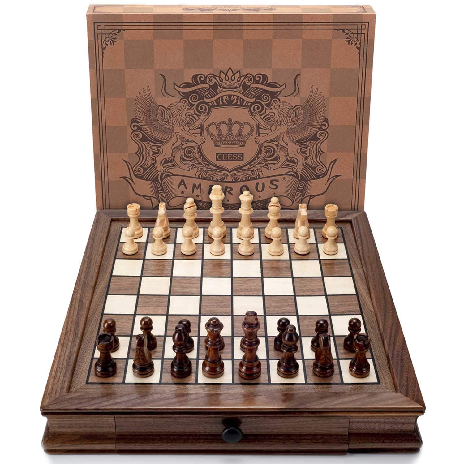 AMEROUS Magnetic Wooden Chess Set, 12.8" x 12.8" Walnut Chess Board Game with 2 Built-in Storage Drawers - 2 Bonus Extra Queens - Chess for Beginner