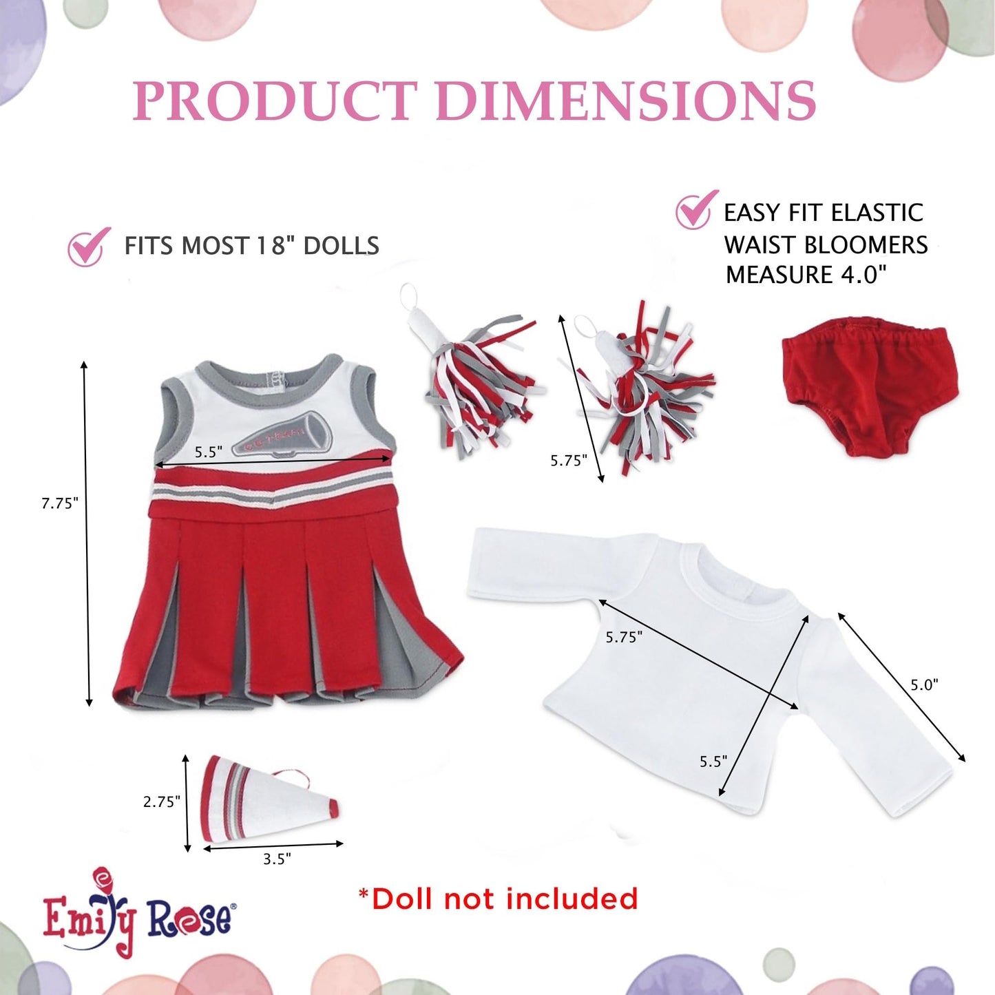 Emily Rose 18 Inch Doll Cheerleader Outfit - 5 Pc Doll Cheer Uniform Set with Dress, Pom Poms, Megaphone & Shirt - Fits American Girl Dolls & Most 18"