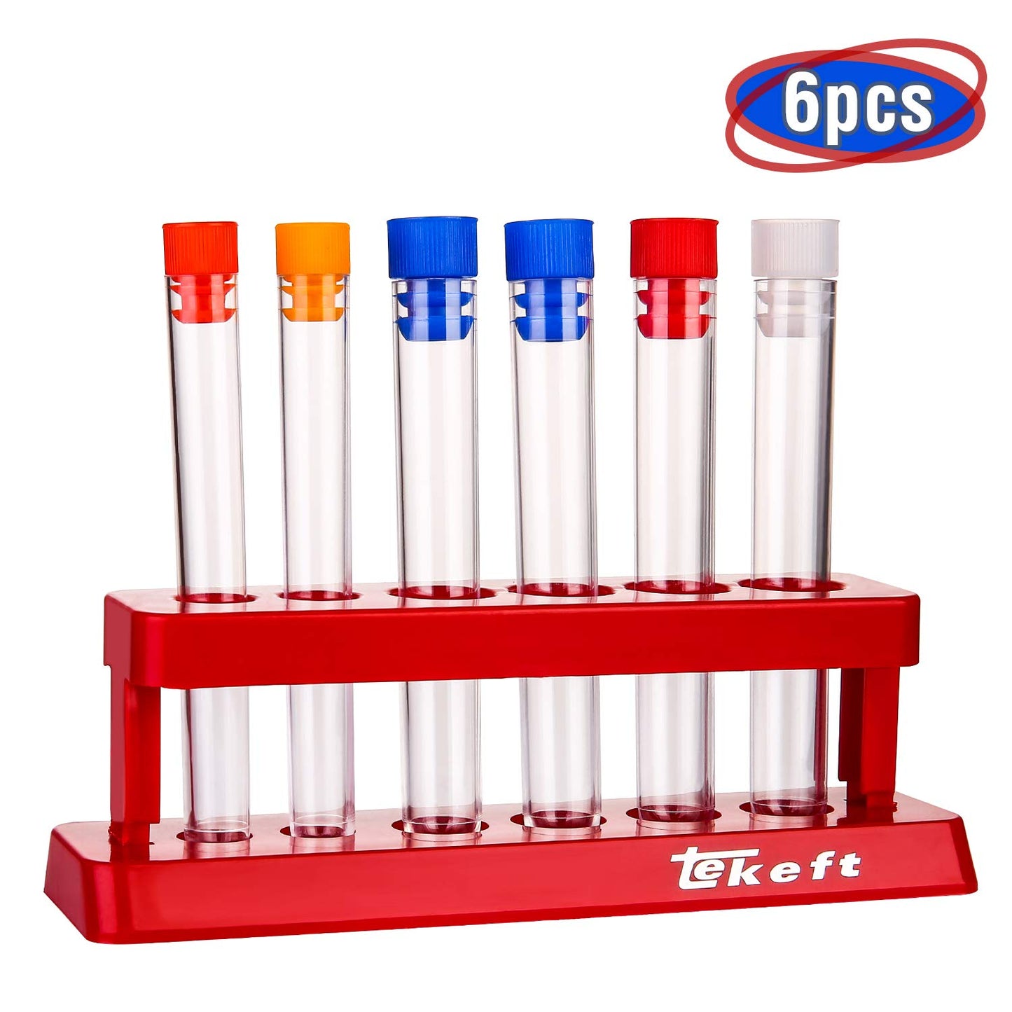 TEKEFT Set of 6 Assorted Color Plastic Test Tube Set with Caps and Rack Scientific Experiment(1 Set)