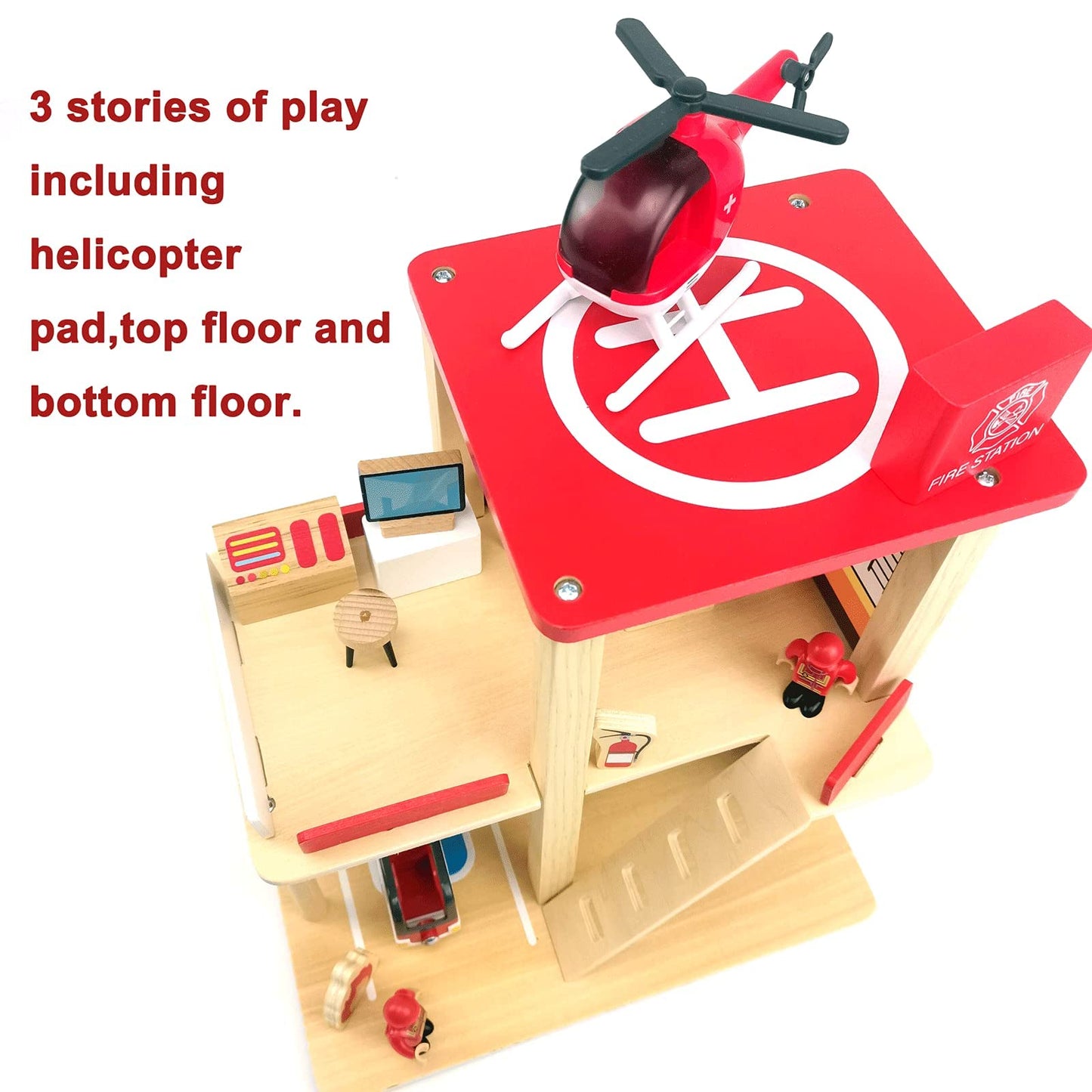 BBtinker Wooden Fire Station Playset, Multicolor 3-Level Pretend Play Dollhouse with Figures, Truck, Helicopter and Accessories, Preschool Learning