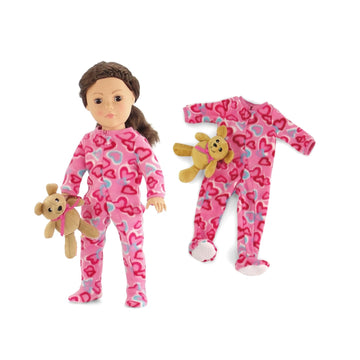 18 Inch Doll Pajamas Set Pink Heart Onesie PJ Outfit - Emily Rose Doll Sleeping Outfit with Teddy Bear Companion - Doll NOT Included - Fits American