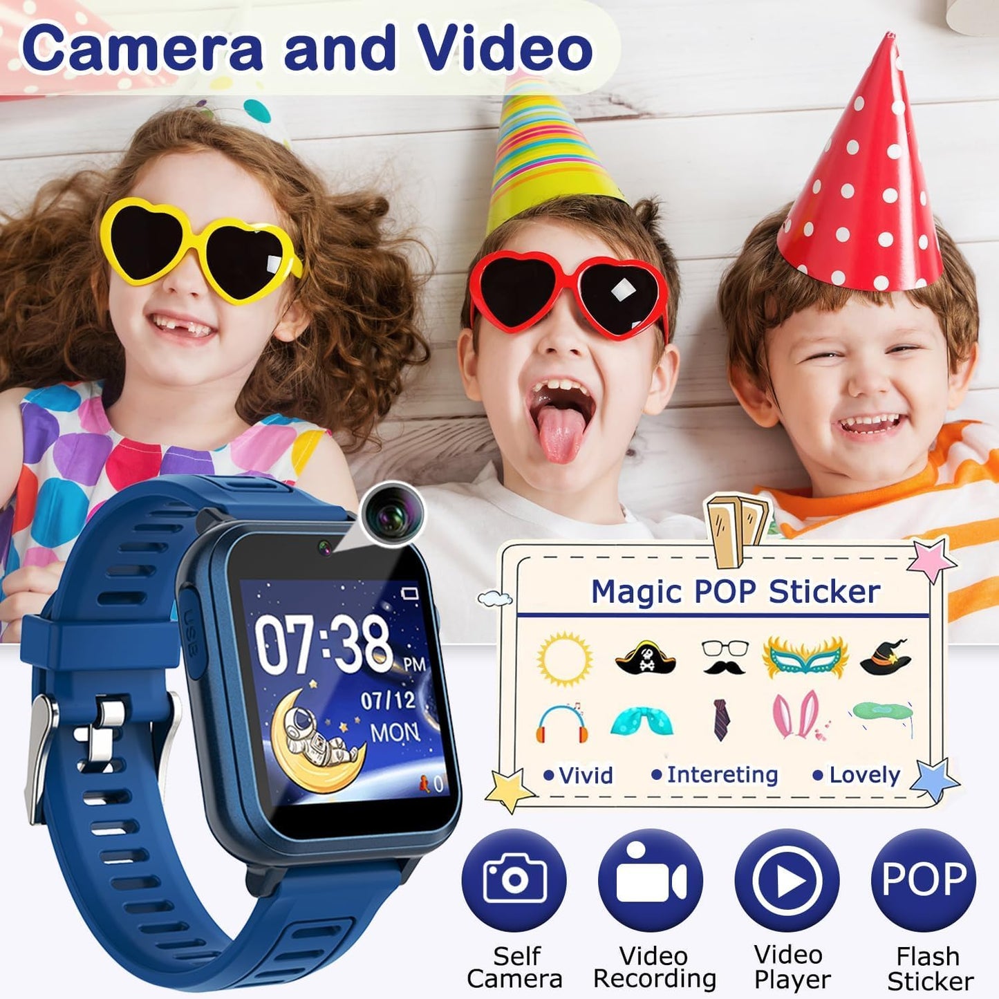 Cosjoype Kids Game Smart Watch for Kids with 39 Puzzle Games HD Touch Screen Camera Music Player Pedometer Alarm Clock Calculator Flashlight 12/24hr