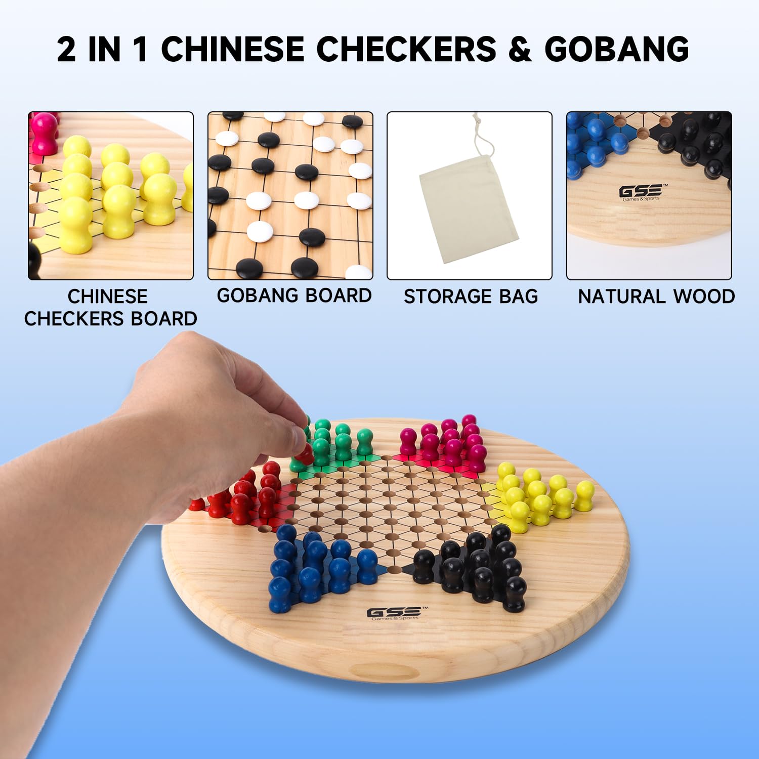 GSE Games & Sports Expert 11.5" Natural Wood 2-in-1 Chinese Checkers and Gobang Board Game Set with 66 Colorful Wooden Pegs and Stones, Classic