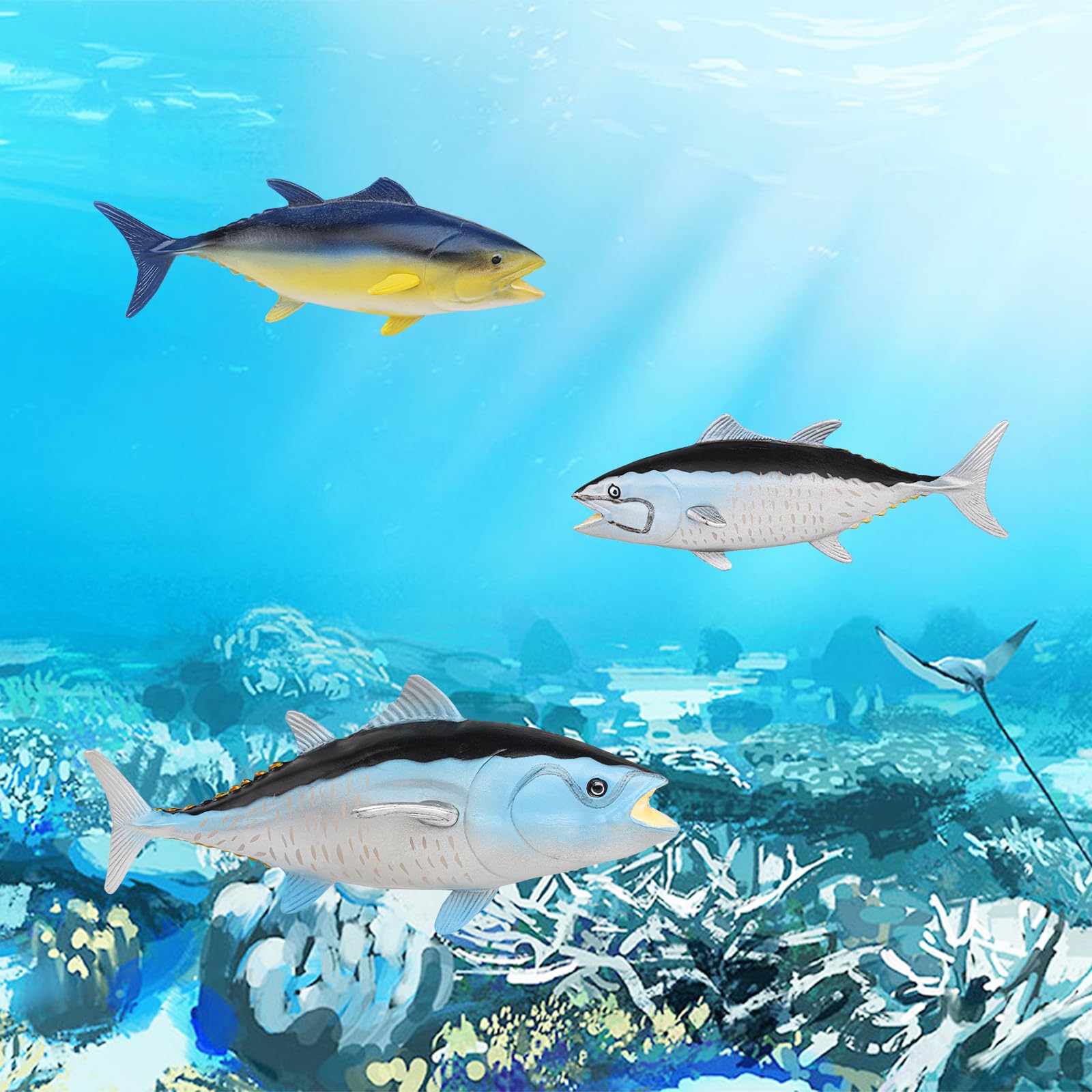 GUFOPONAS Large Bluefin Tuna Fish Toy Family 3PCS Plastic Actias Ningpoana Sea Animal Figures Ocean Animals Figurines Bath Toy Shark Figurines Fish
