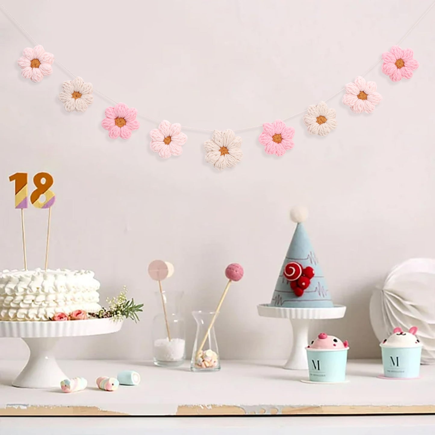 Boho Crochet Daisy Garland - Pink and Beige Yarn Floral Banner for Baby Girl Nursery Decor, Handmade Daisy Garland for Birthday Party, Boho Room Wall
