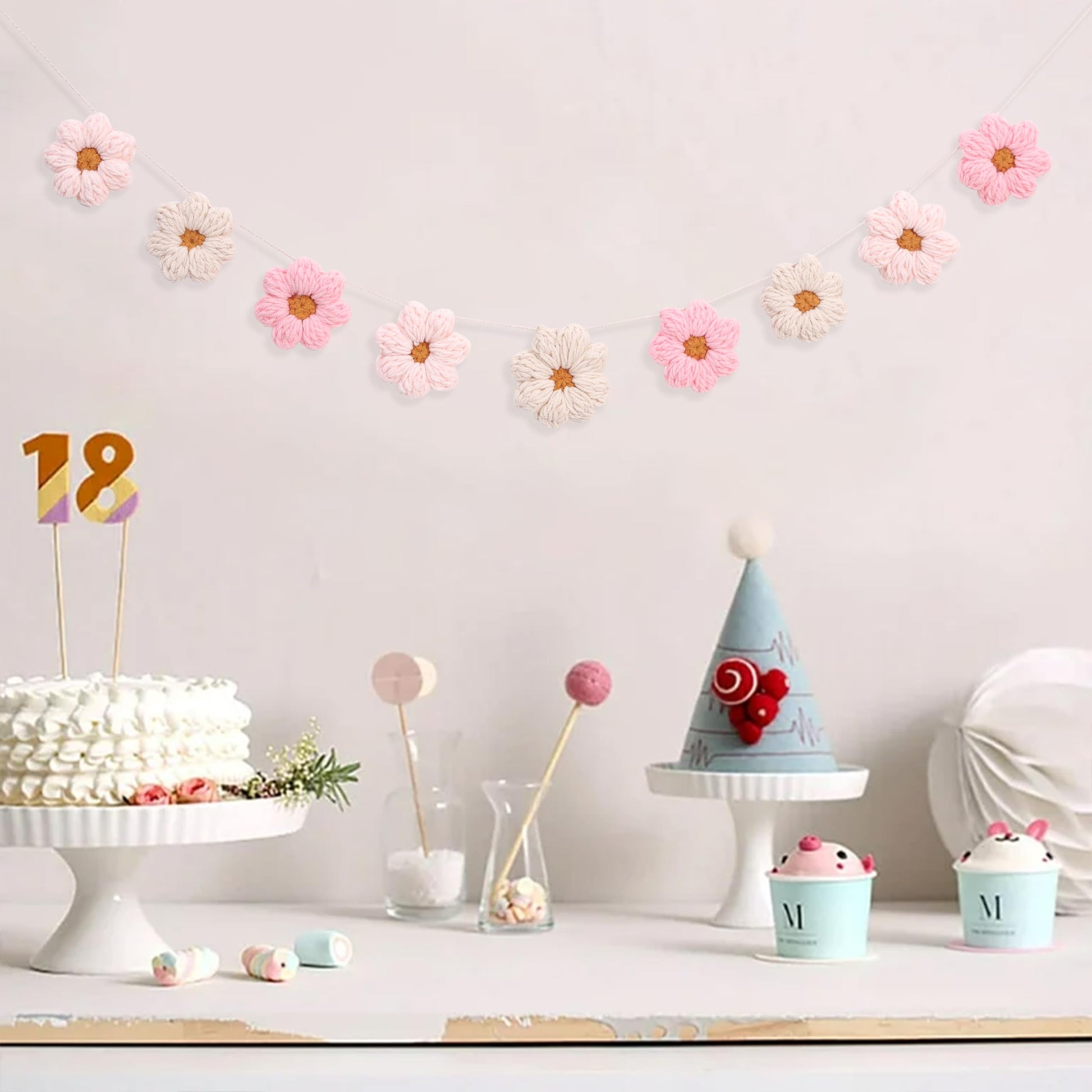 Boho Crochet Daisy Garland - Pink and Beige Yarn Floral Banner for Baby Girl Nursery Decor, Handmade Daisy Garland for Birthday Party, Boho Room Wall