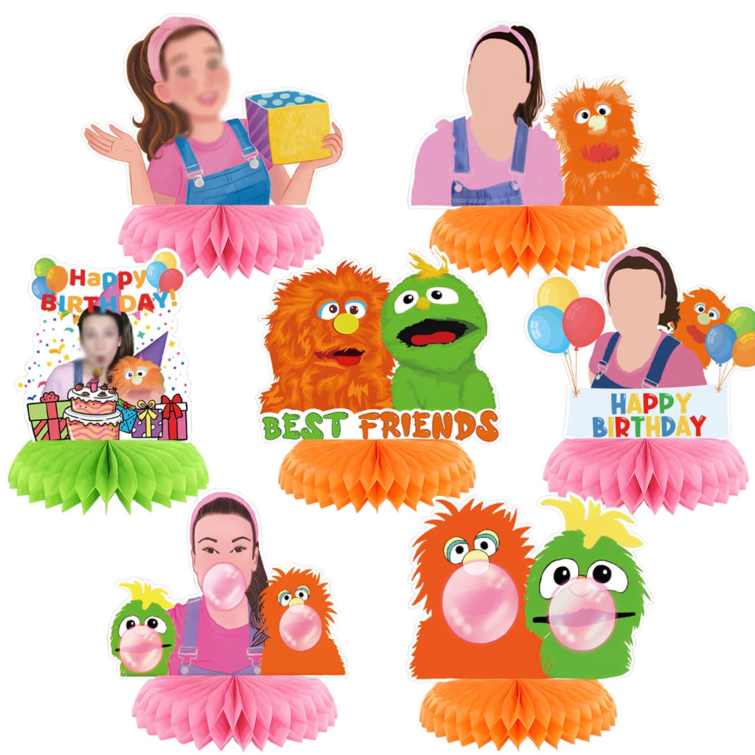 Rachel Girls Party Decorations Honeycomb Centerpiece, 7 Pieces English Teacher Theme 3D Double Side Cake Toppers Table Centerpieces, Photo Backdrop