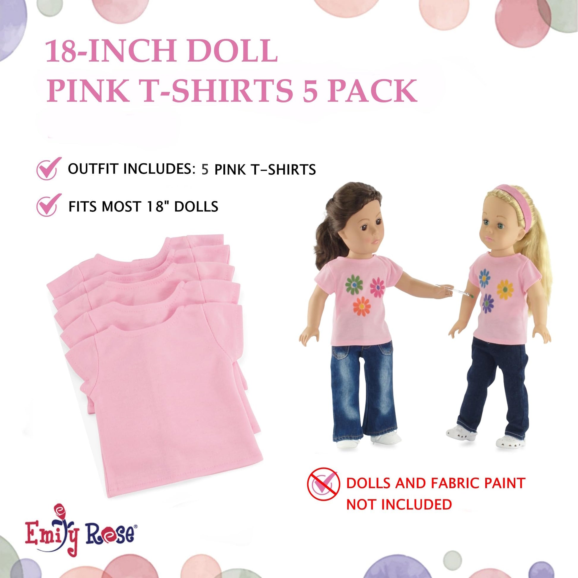 Emily Rose 5-Pack Pink 18 Inch Doll T-Shirts Gift Boxed | USA Brand - Fits American Girl & Our Generation Dolls - for DIY Crafts, Tie Dye Sublimation