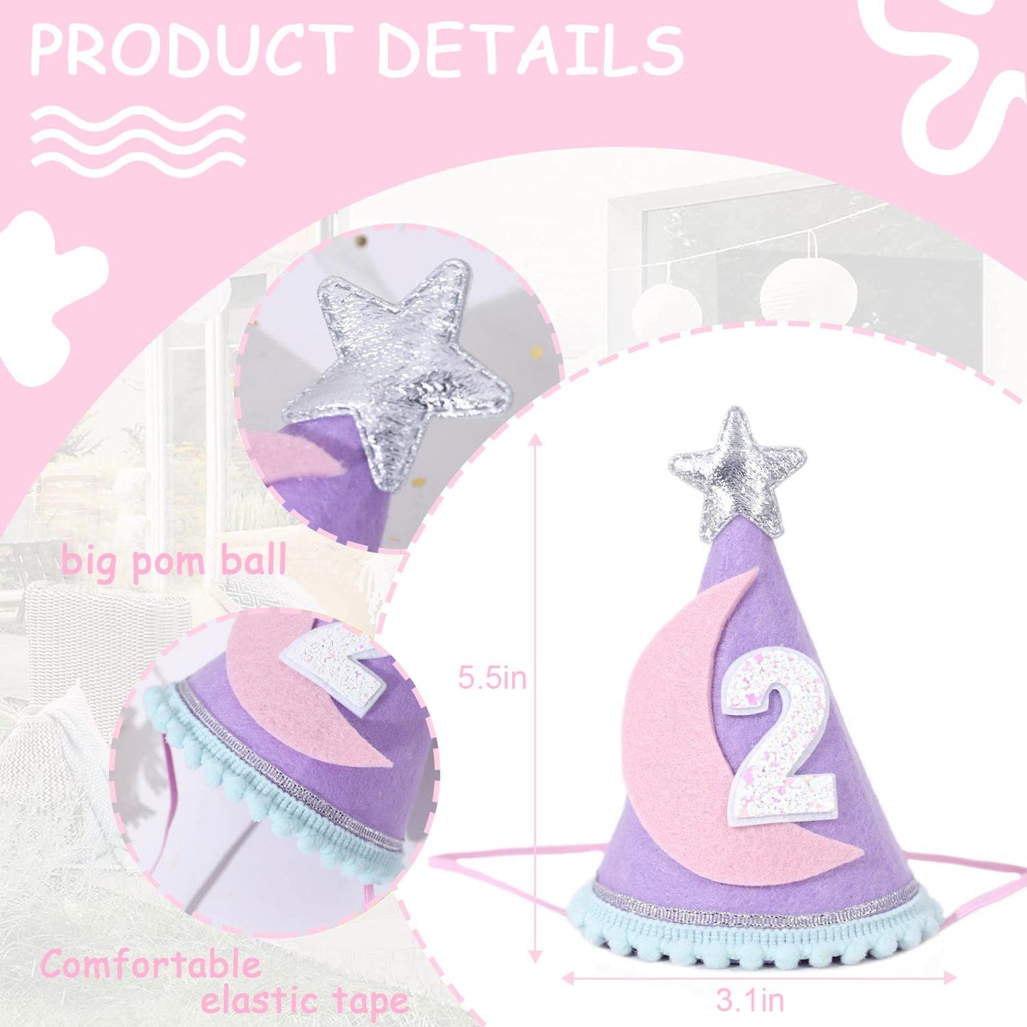 Two the Moon Space-Themed 2nd Birthday Hat and Decorations for Girls - Outer Space Party Supplies