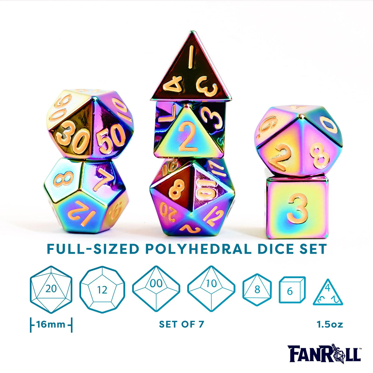 FanRoll 16mm Metal Polyhedral DND Dice Set: Torched Rainbow, Role Playing Game Dice for Dungeons and Dragons