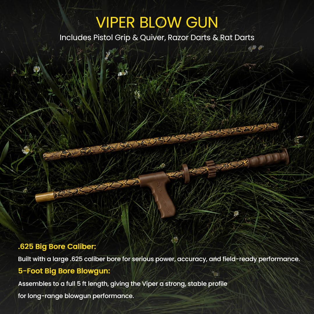 Slock Master Viper Blow Gun, 5 Ft .625 Big Bore Caliber Blowgun, Rattler Snakeskin Camo, Includes Pistol Grip, Quiver, Razor Hunting Darts