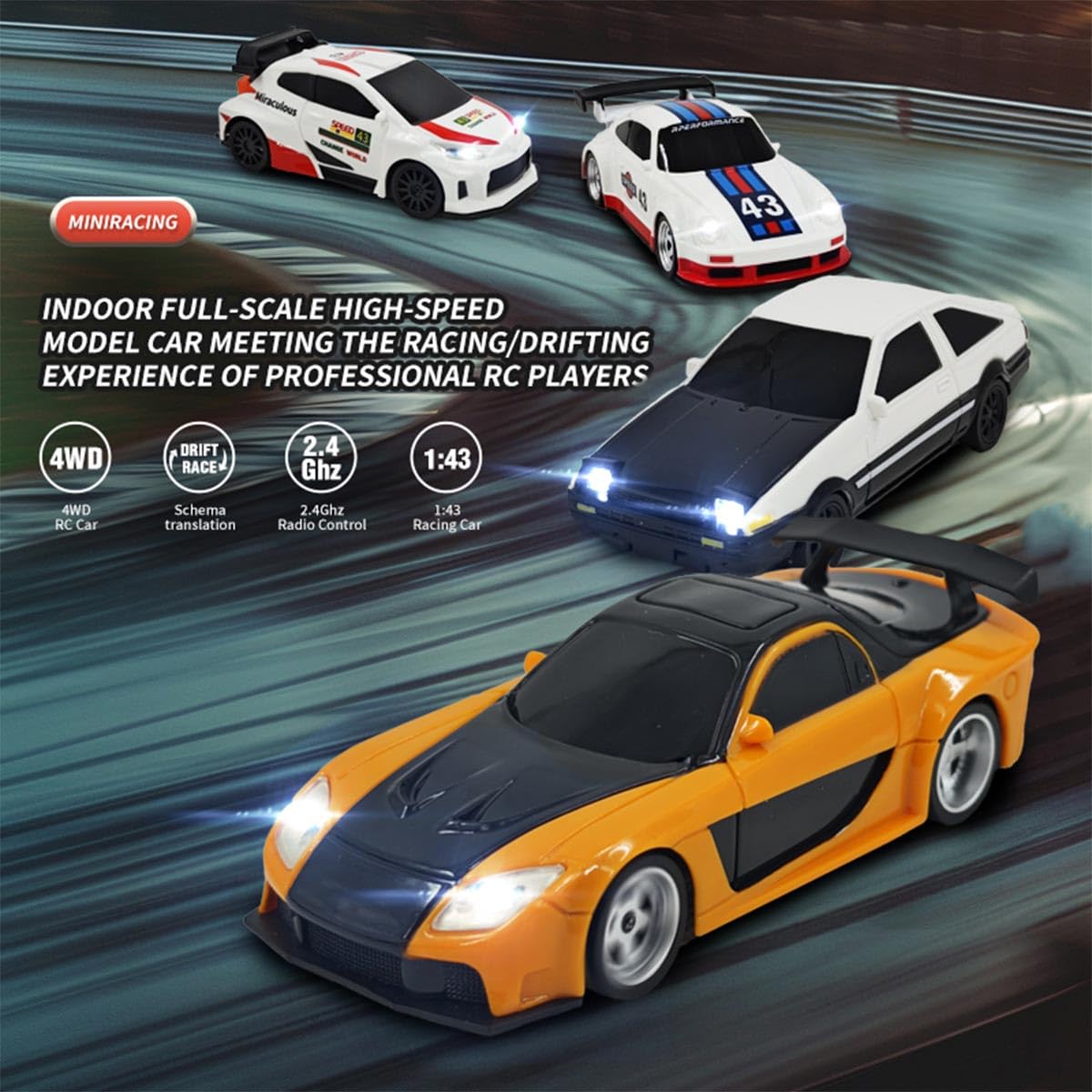 MindXplore 1/43 Scale RC Mini Drift Car, 2.4GHz Full Proportional 4WD Remote Control Racing Cars Model with Lights, Li-po Battery 15KM/H and 30