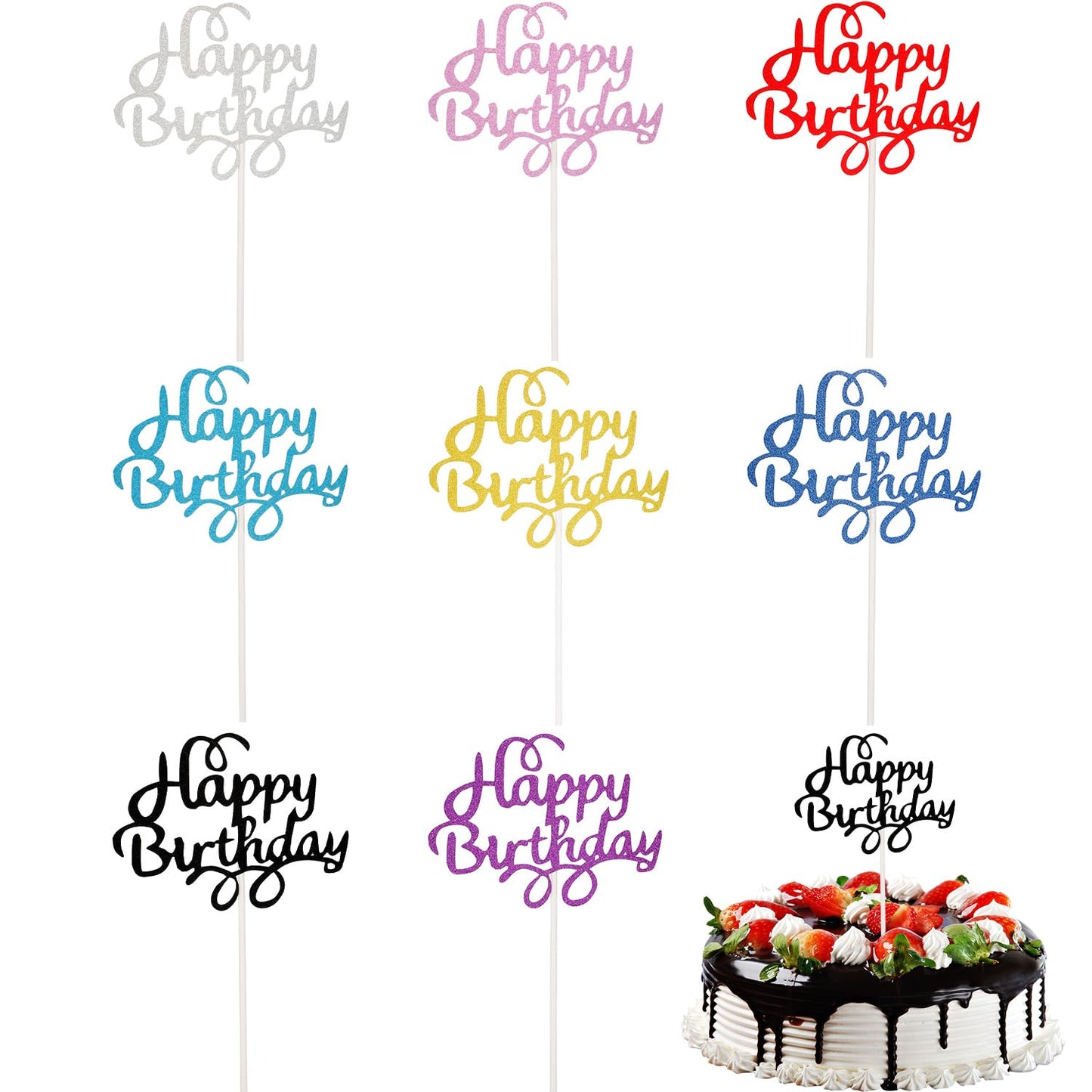 Boao 40 Pieces Happy Birthday Cake Toppers 5.3 x 3.94 in Glitter Birthday Cupcake Topper Cake Party Supplies Decorations, 8 Colors