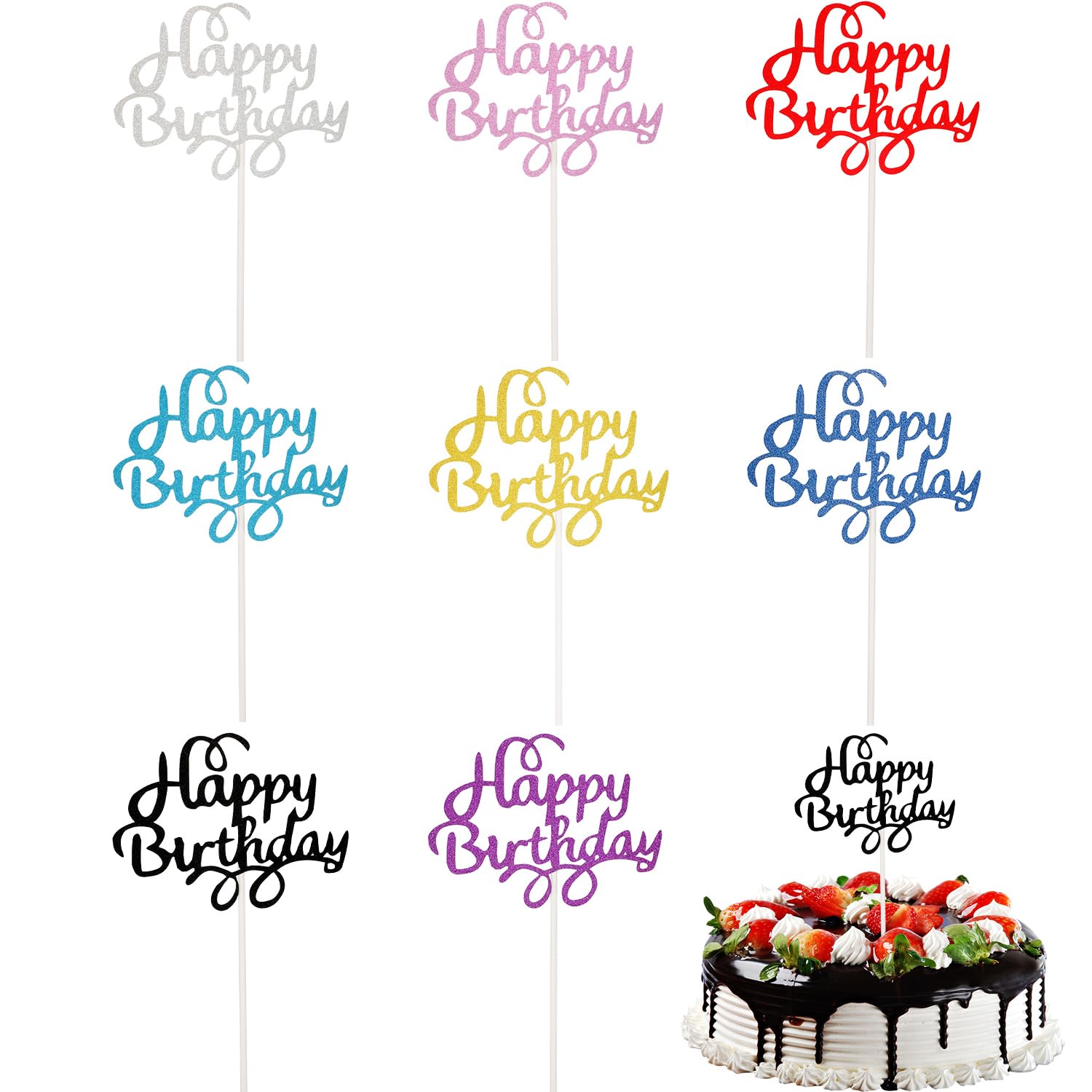 Boao 40 Pieces Happy Birthday Cake Toppers 5.3 x 3.94 in Glitter Birthday Cupcake Topper Cake Party Supplies Decorations, 8 Colors