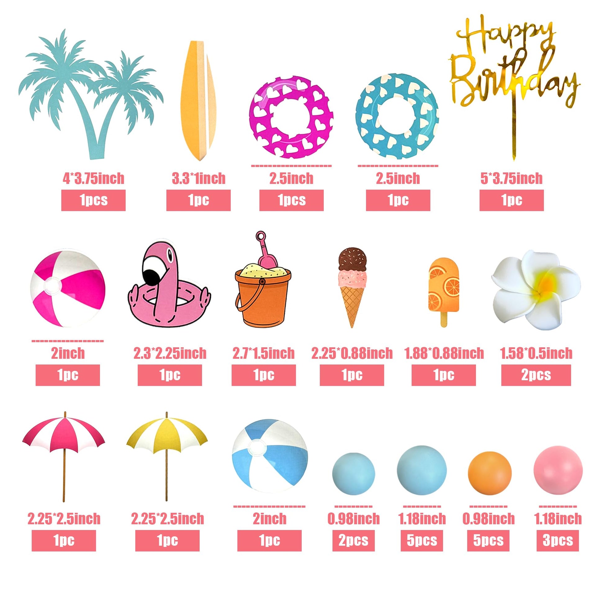 Summer Hawaiian Cake Topper with Swimming Rings Balls Sun Umbrella Beach Cake Decorations for Summer Hawaii Aloha Theme Birthday Supplies