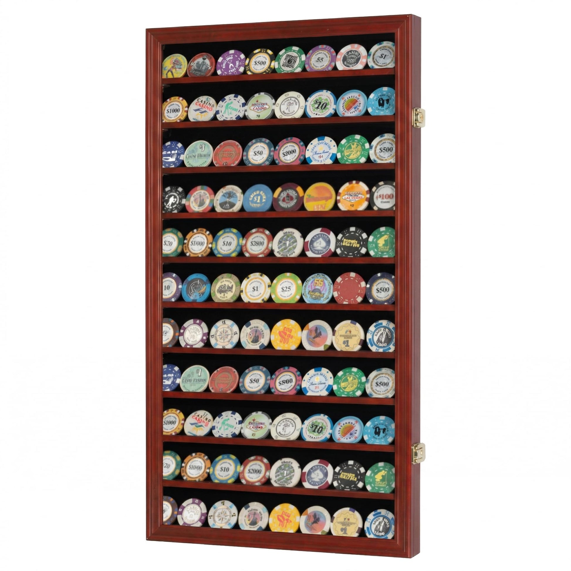 DisplayGifts Military Challenge Coin Display Case Poker Chips Holder Wall Cabinet Showcase Rack Stand Mahogany Finish