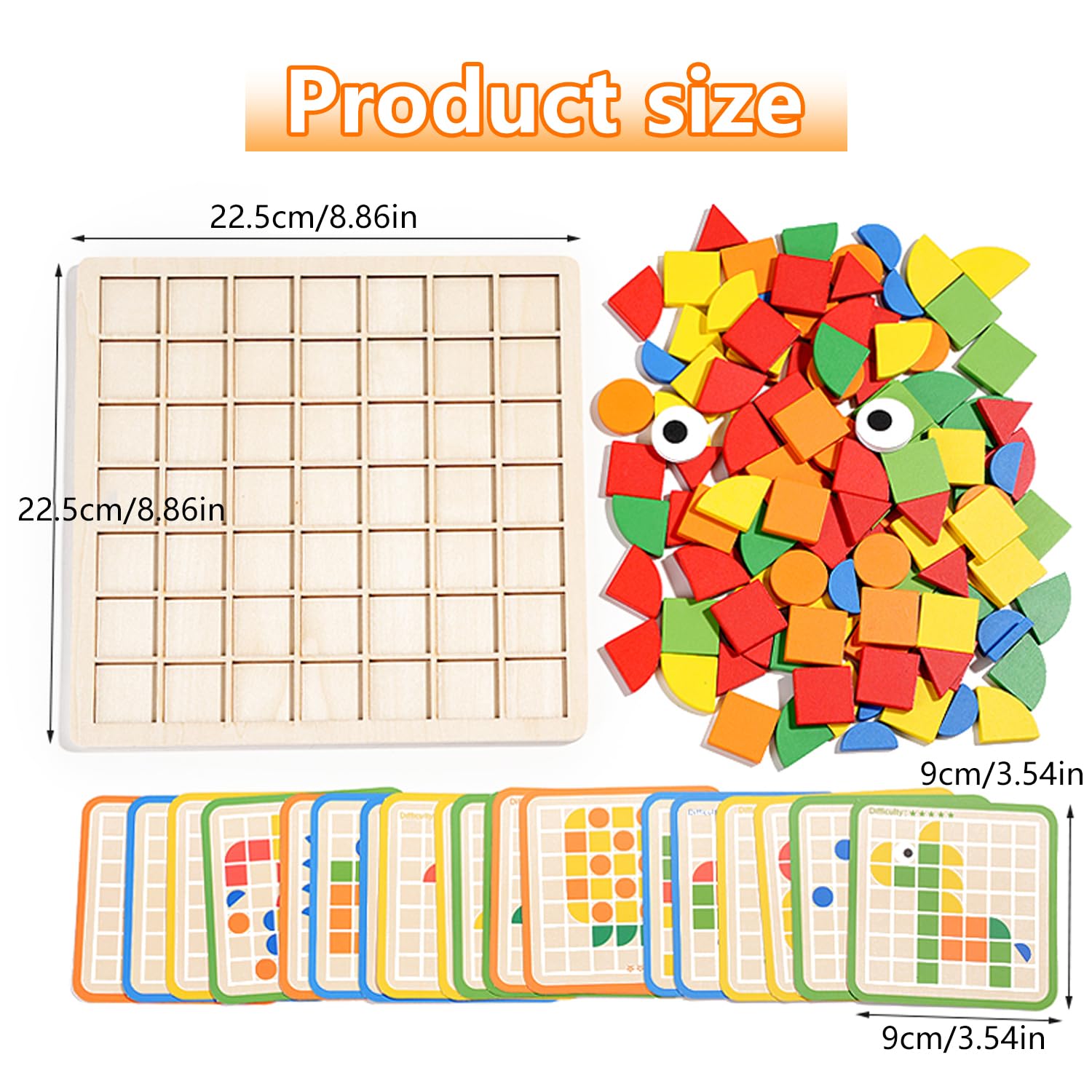 Mosaic Shape Wooden Pattern Blocks Puzzle, 120 PCS Wooden Pattern Blocks with 20 Pcs Reference Cards,Kindergarten Classic Educational Geometric Shape