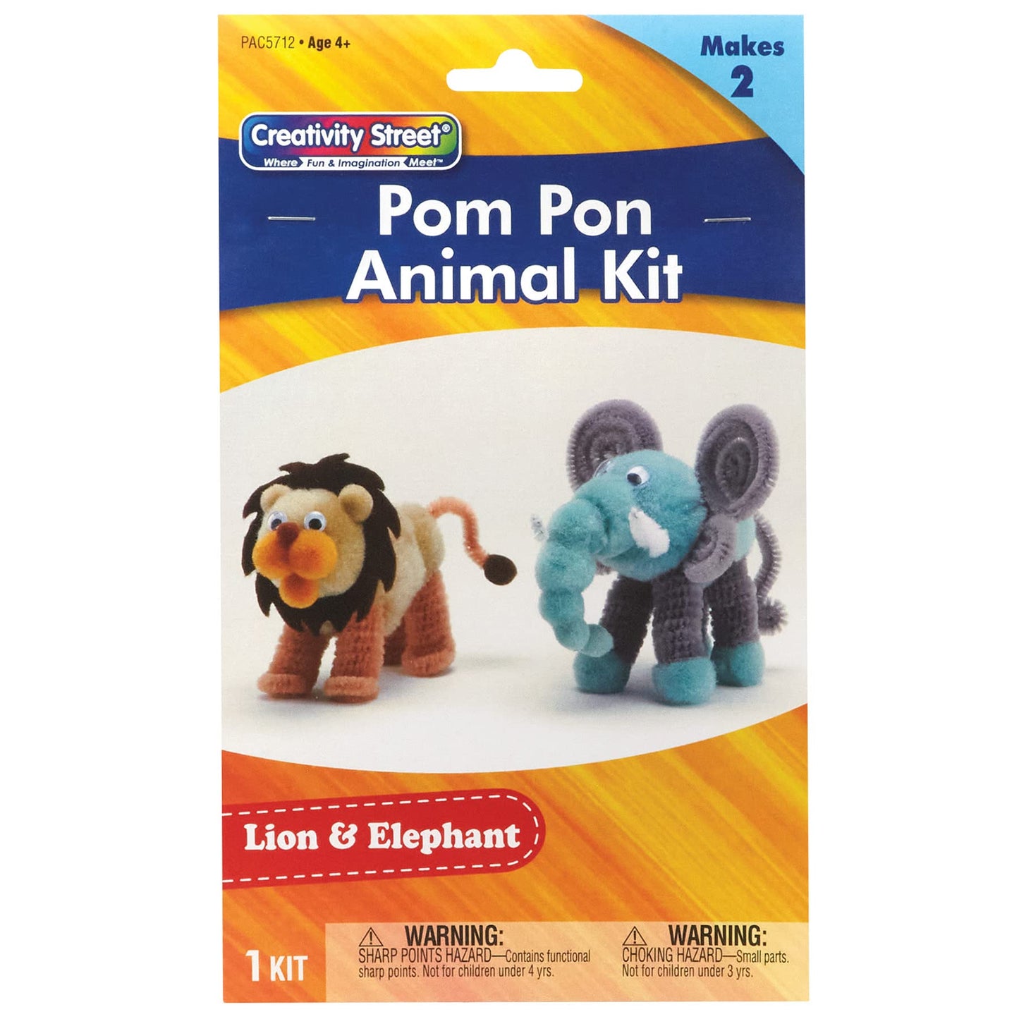 Creativity Street Pom Pon Animal Kit, Lion & Elephant, Assorted Sizes, 1 Kit Makes 2 Animals