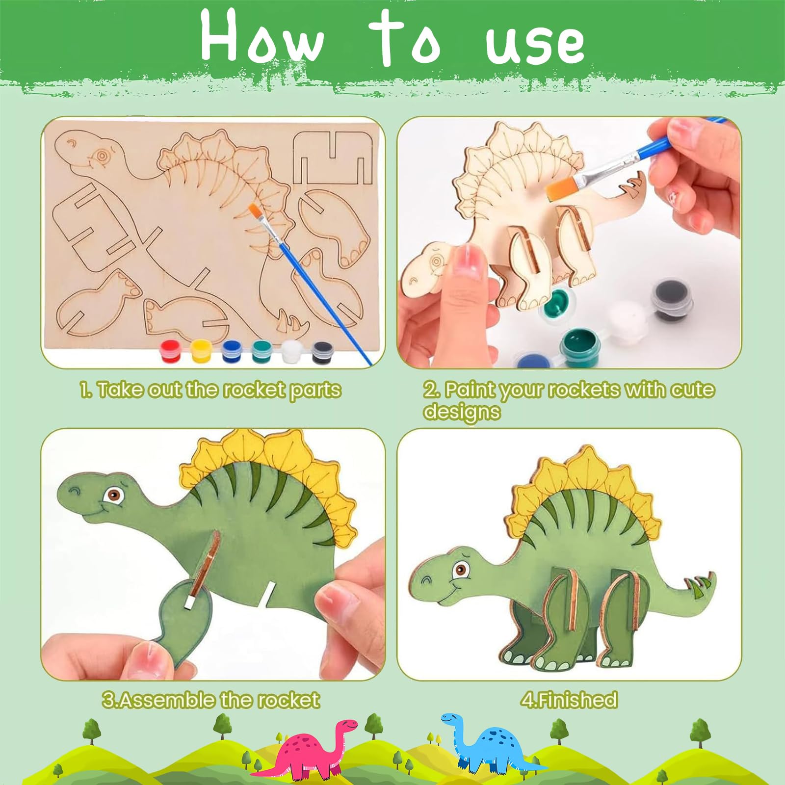 Wood Crafts Dinosaur Cutout Party Decorations Dinosaurs Cards with Dinosaurs DIY Wood Painting Crafts Bulk 24 Set 3D Puzzles Dinosaur Birthday Party