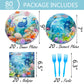 Letromp 80 Pcs Under The Sea Party Supplies Ocean Disposable Paper Plates Napkins Forks Dinnerware for Underwater World Sea Life Theme Baby Shower 1st