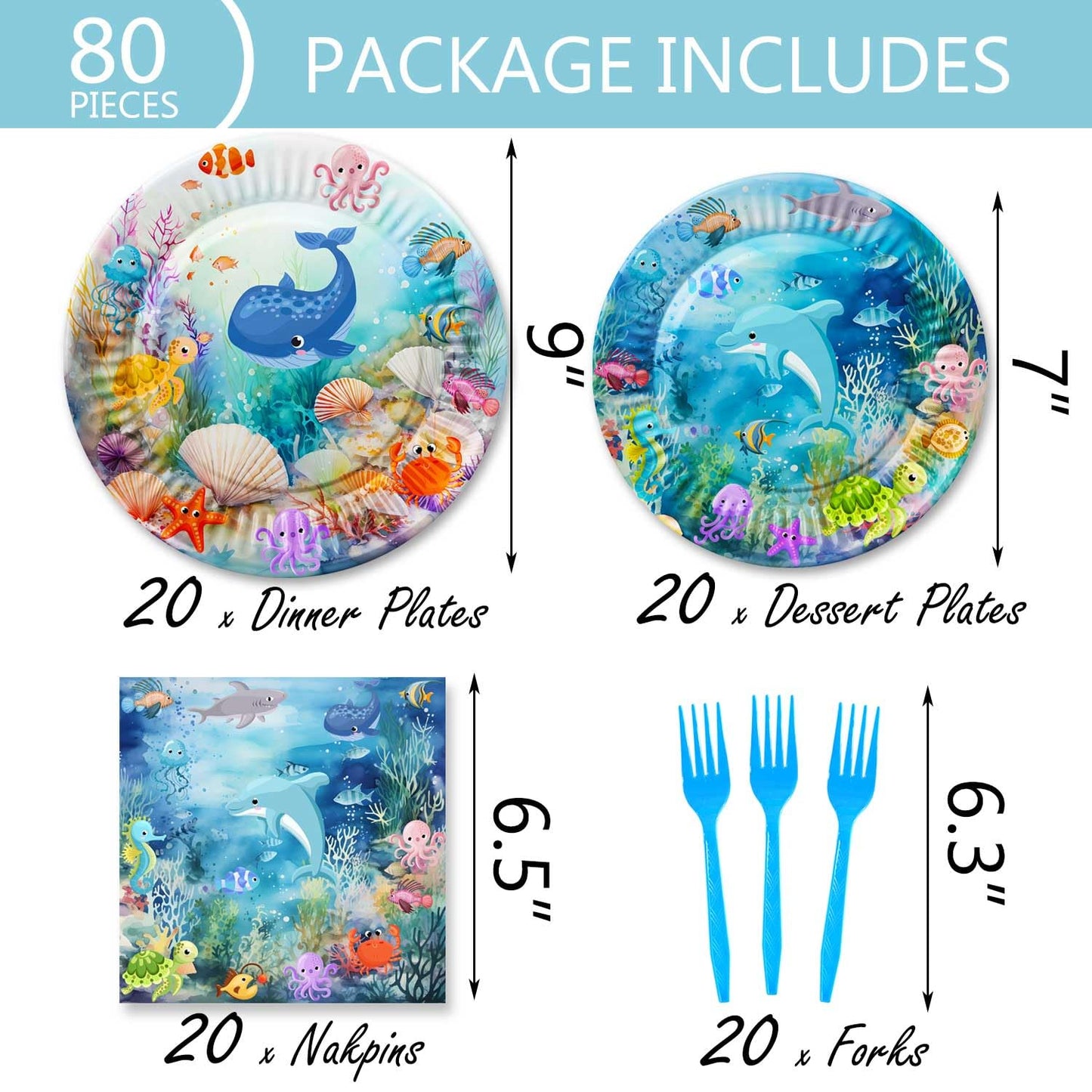 Letromp 80 Pcs Under The Sea Party Supplies Ocean Disposable Paper Plates Napkins Forks Dinnerware for Underwater World Sea Life Theme Baby Shower 1st
