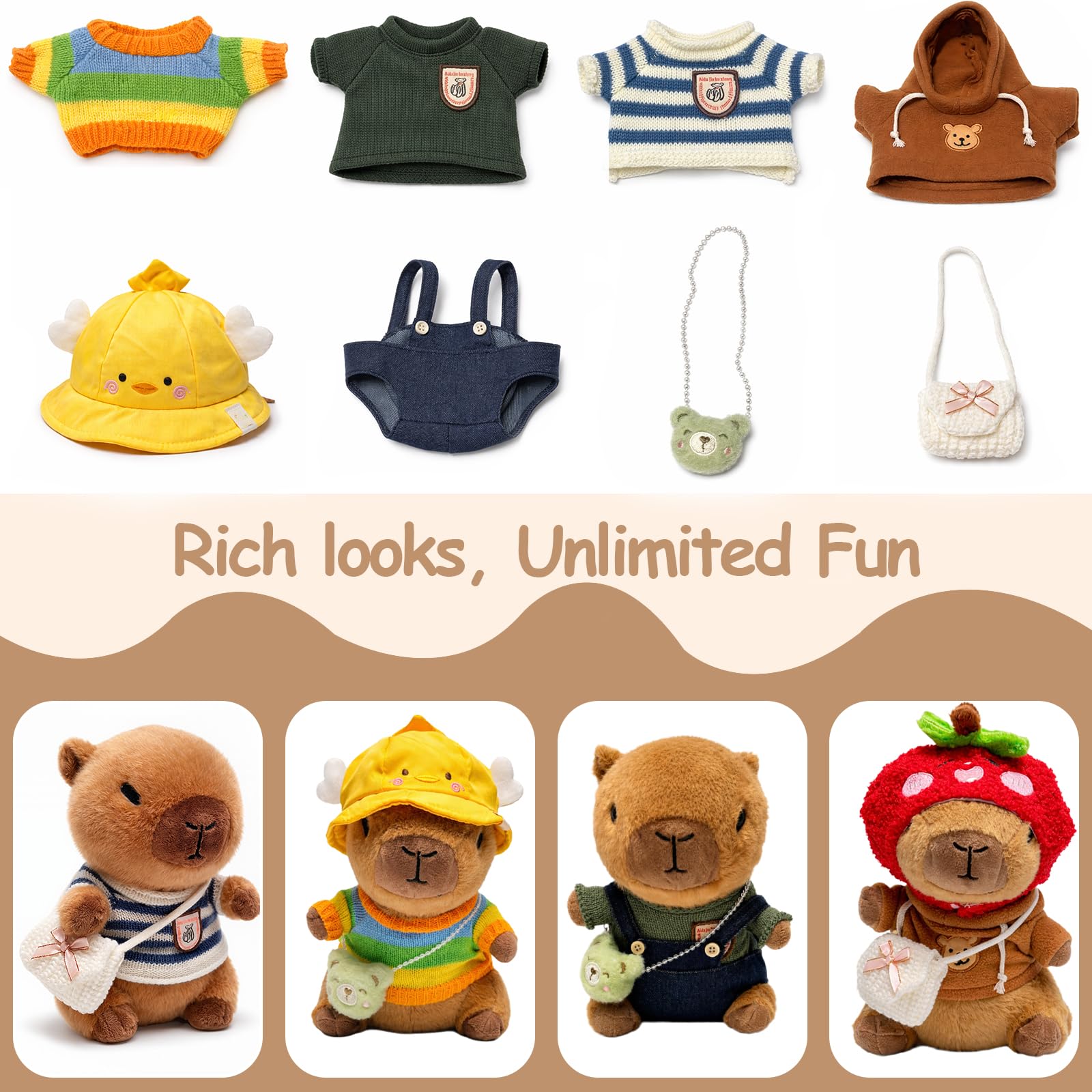 TITQWOP 10.2" Brown Capybara Plush Toy with 9 Clothes and Accessories Super Soft Capybara Stuffed Animal for Kids Girls Boys (Brown Capybara)