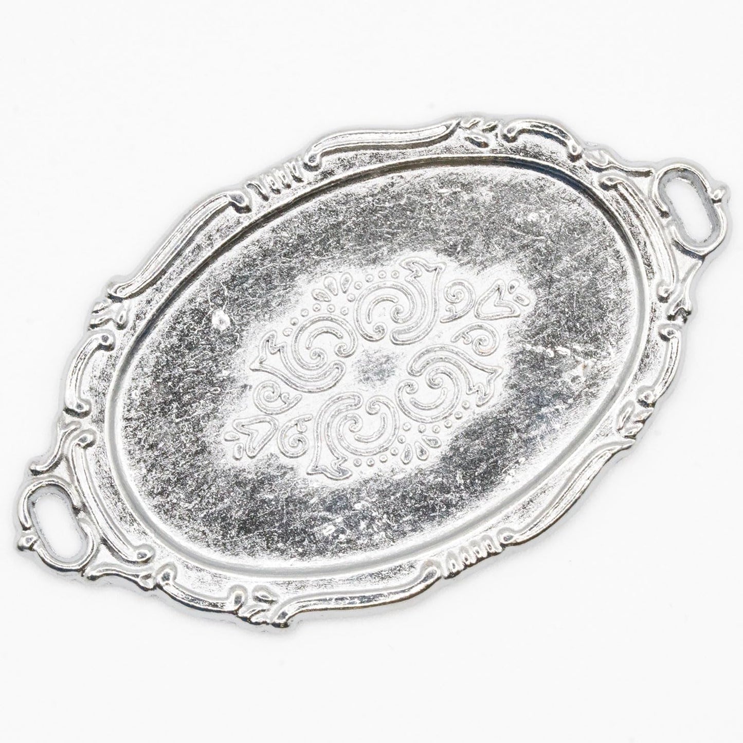 Dollhouse Miniature Silver Oval Serving Platter with Two Handles - Empty