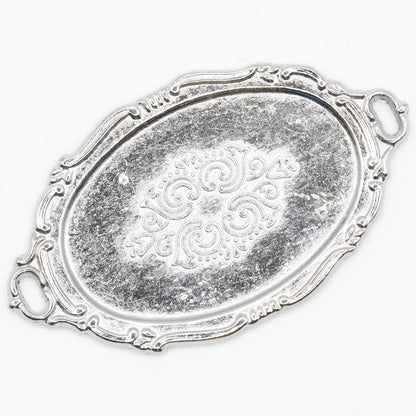 Dollhouse Miniature Silver Oval Serving Platter with Two Handles - Empty