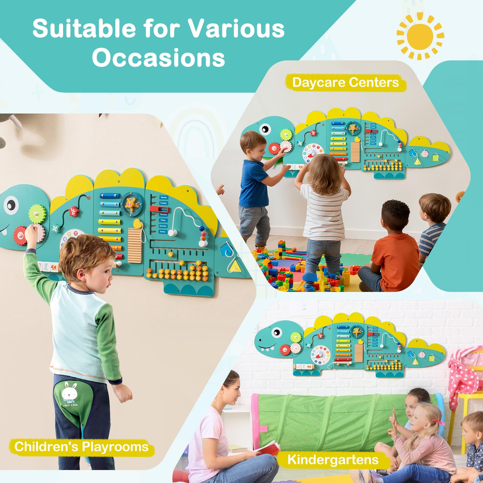 HONEY JOY Dinosaur Activity Wall Busy Board Panels, 11-in-1 Wooden Sensory Wall Panel for Kids, Toddler Learning Activity Center, Ideal for Playroom