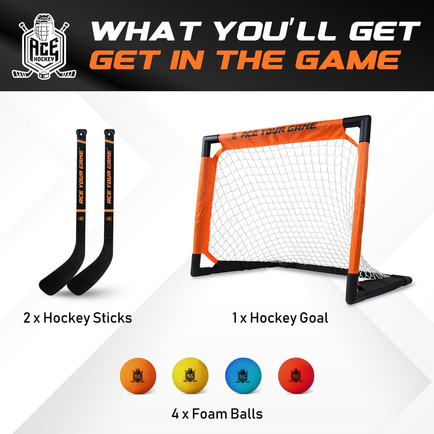 ACE HOCKEY - Shinny Hockey Set - Complete 2-Player Indoor/Outdoor Kit - Knee Hockey Goal Set (1) Goal, (2) Mini Sticks, and (4) Foam Balls - Mini
