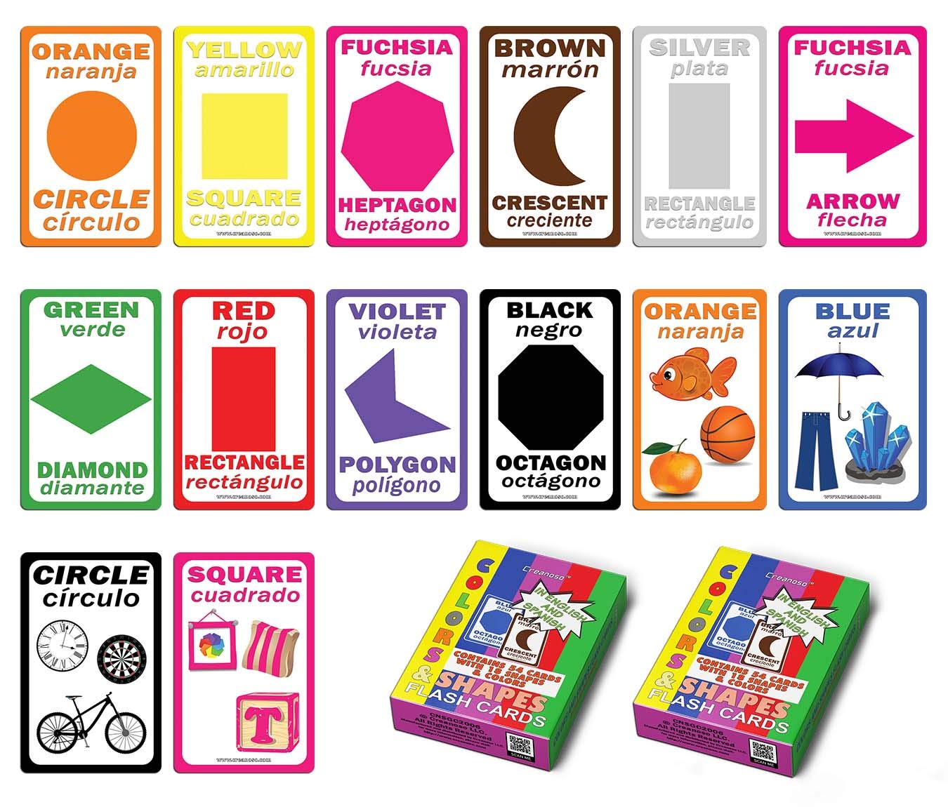 Creanoso English Spanish Educational Colors and Shapes Flash Cards (2-Deck) - Party Theme Gifts Ideas for Birthday Party Supply for Kids - Fun Game