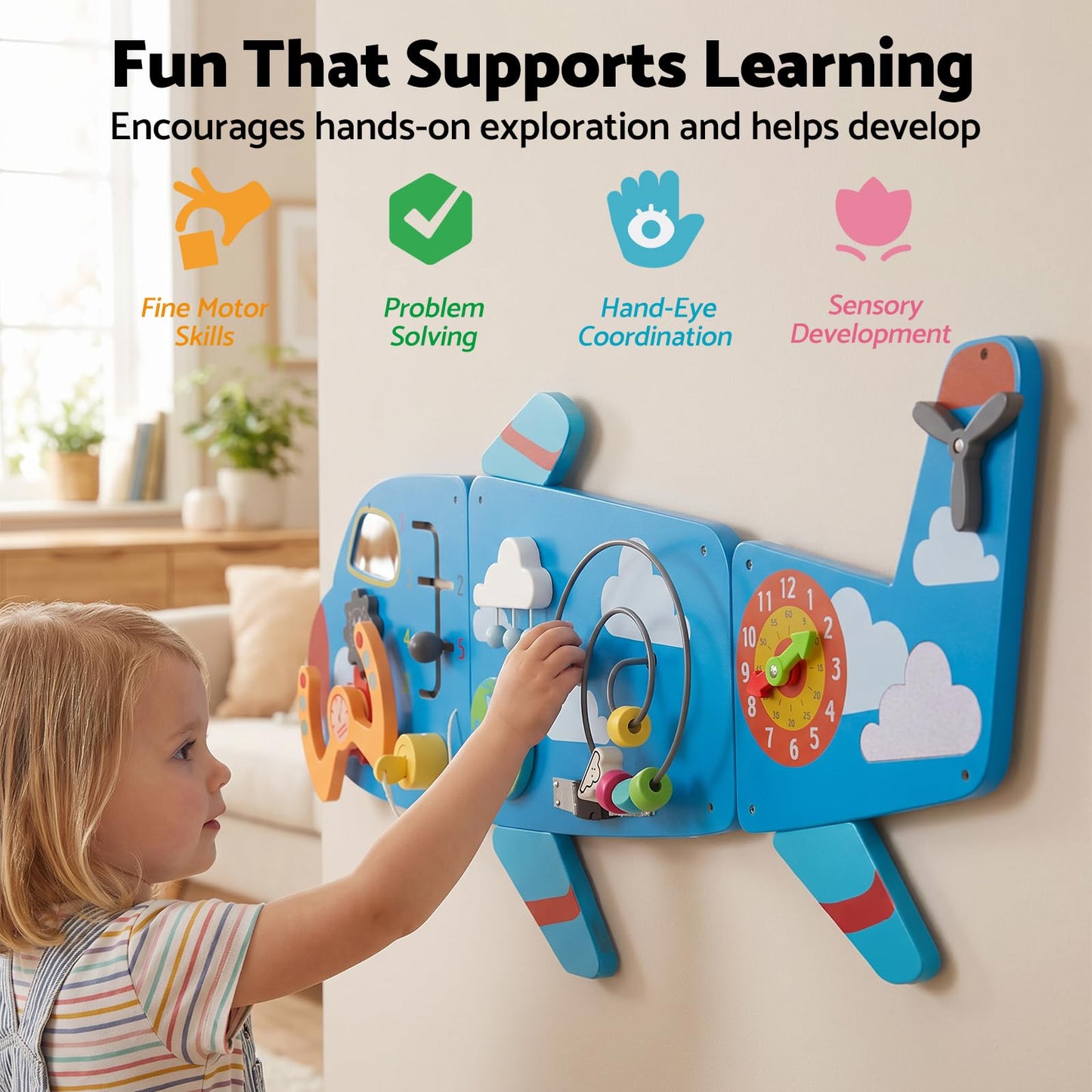WOODENFUN Wooden Activity Wall Busy Board for Toddlers, 12 in 1 Airplane Montessori Sensory Wall Panel with Bead Maze, Baby Learning Toys for Boys