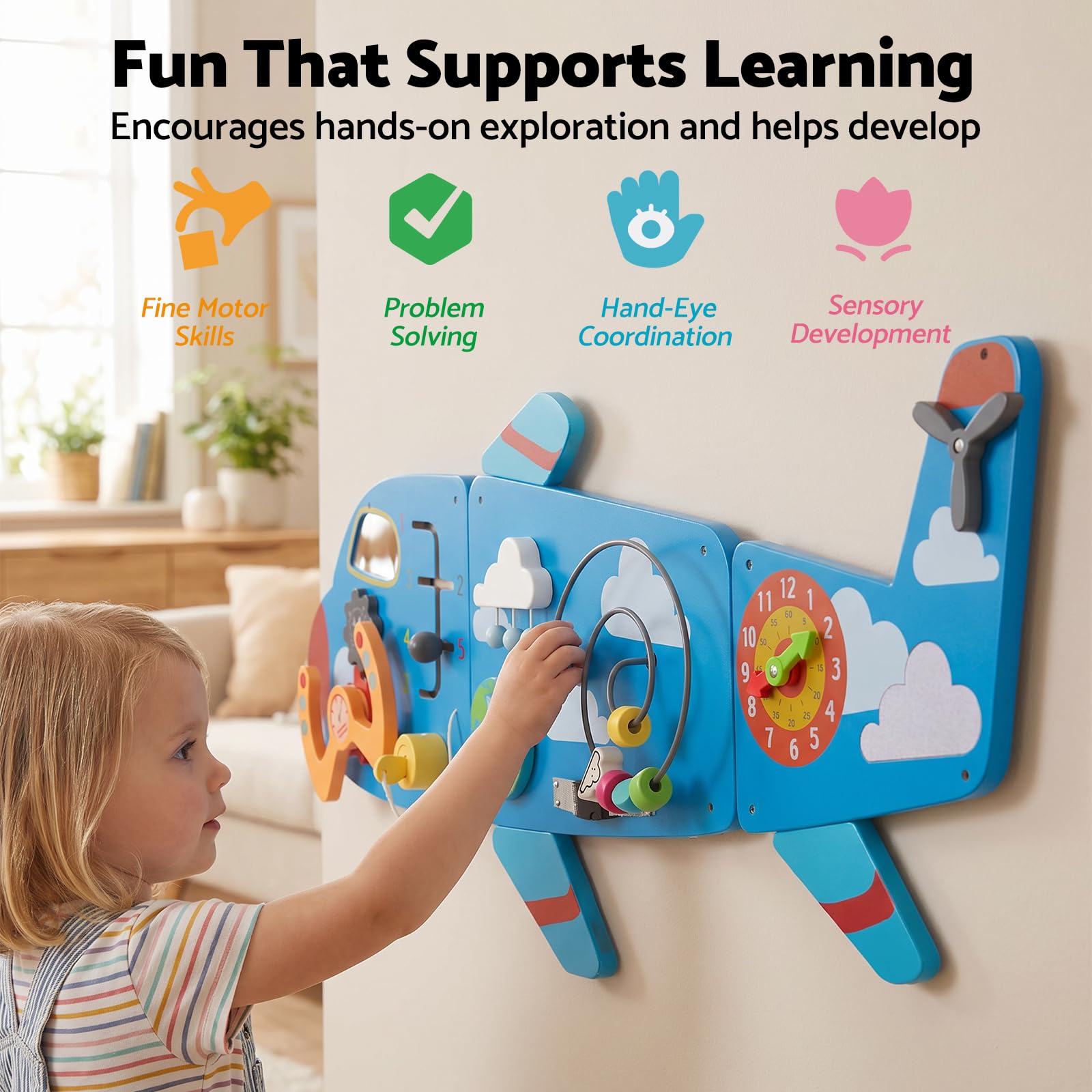 WOODENFUN Wooden Activity Wall Busy Board for Toddlers, 12 in 1 Airplane Montessori Sensory Wall Panel with Bead Maze, Baby Learning Toys for Boys
