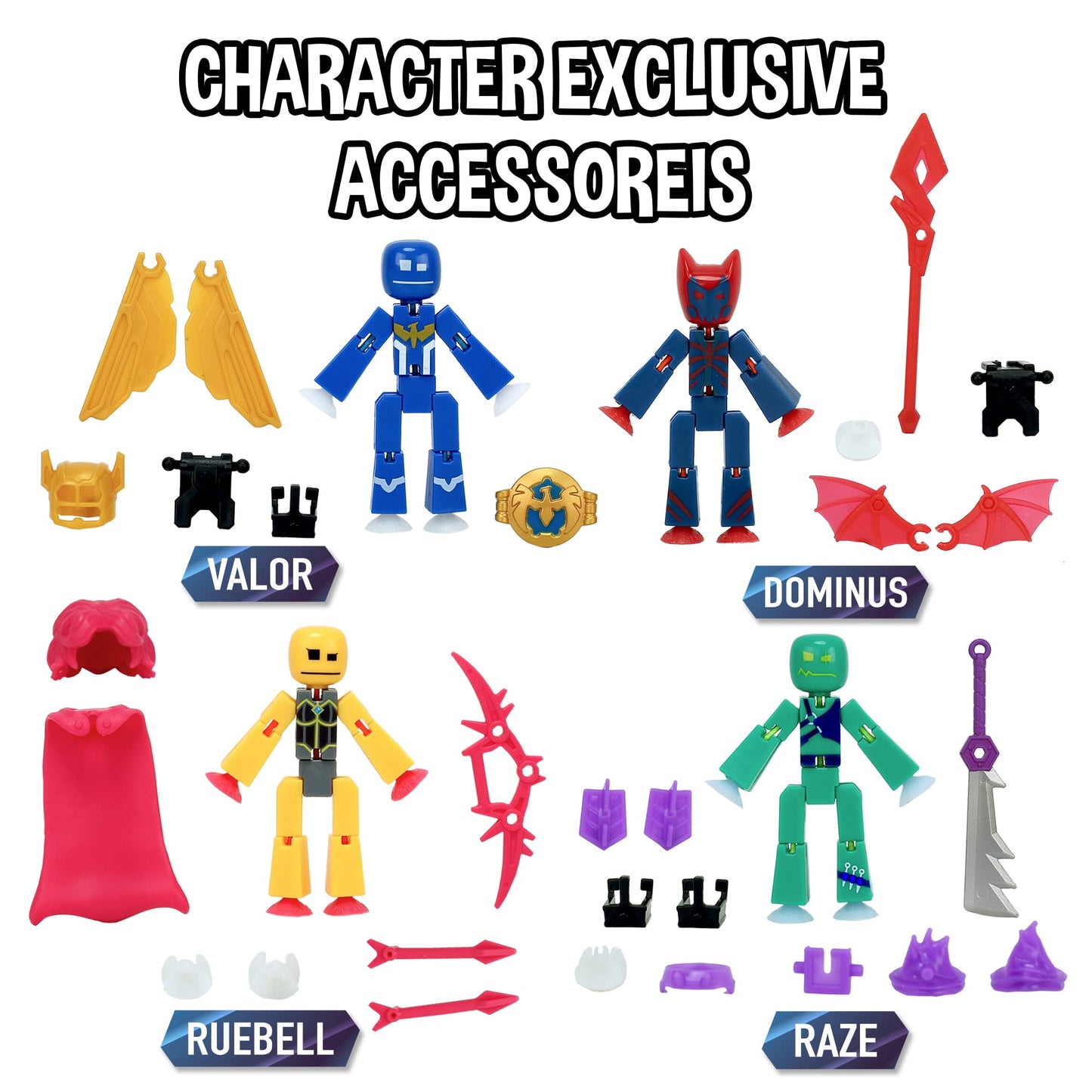 Zing StikBot Legendz Series 1 - Includes Valor, Ruebell, Dominus and Raze Oni - Collectible Action Figures and Accessories, Stop Motion Animation
