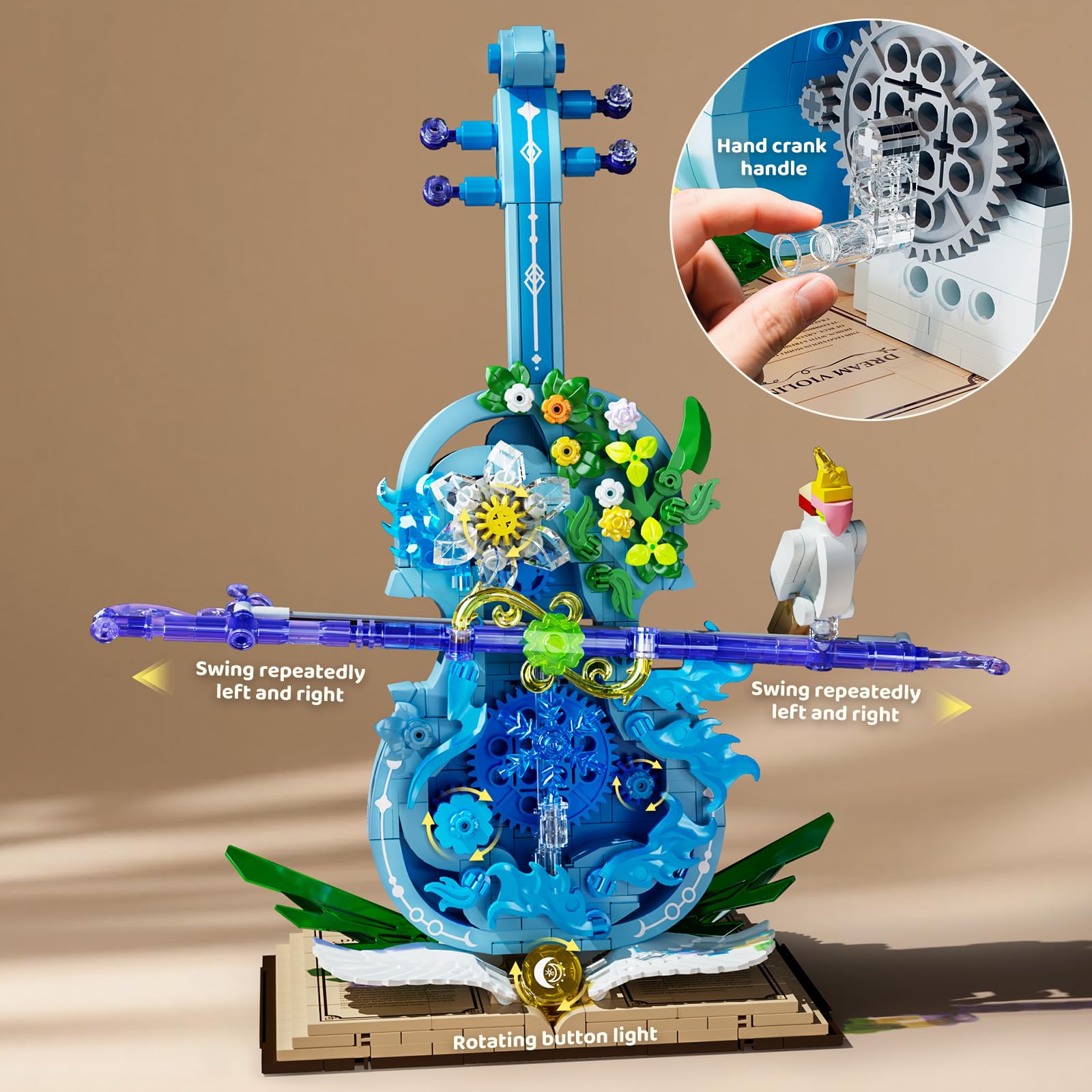Flower Violin Building Set, Music Instrument Building Toy with Light, Creative Botanical Model Kits for Adults Teen Girls Women, with Bird & Floral