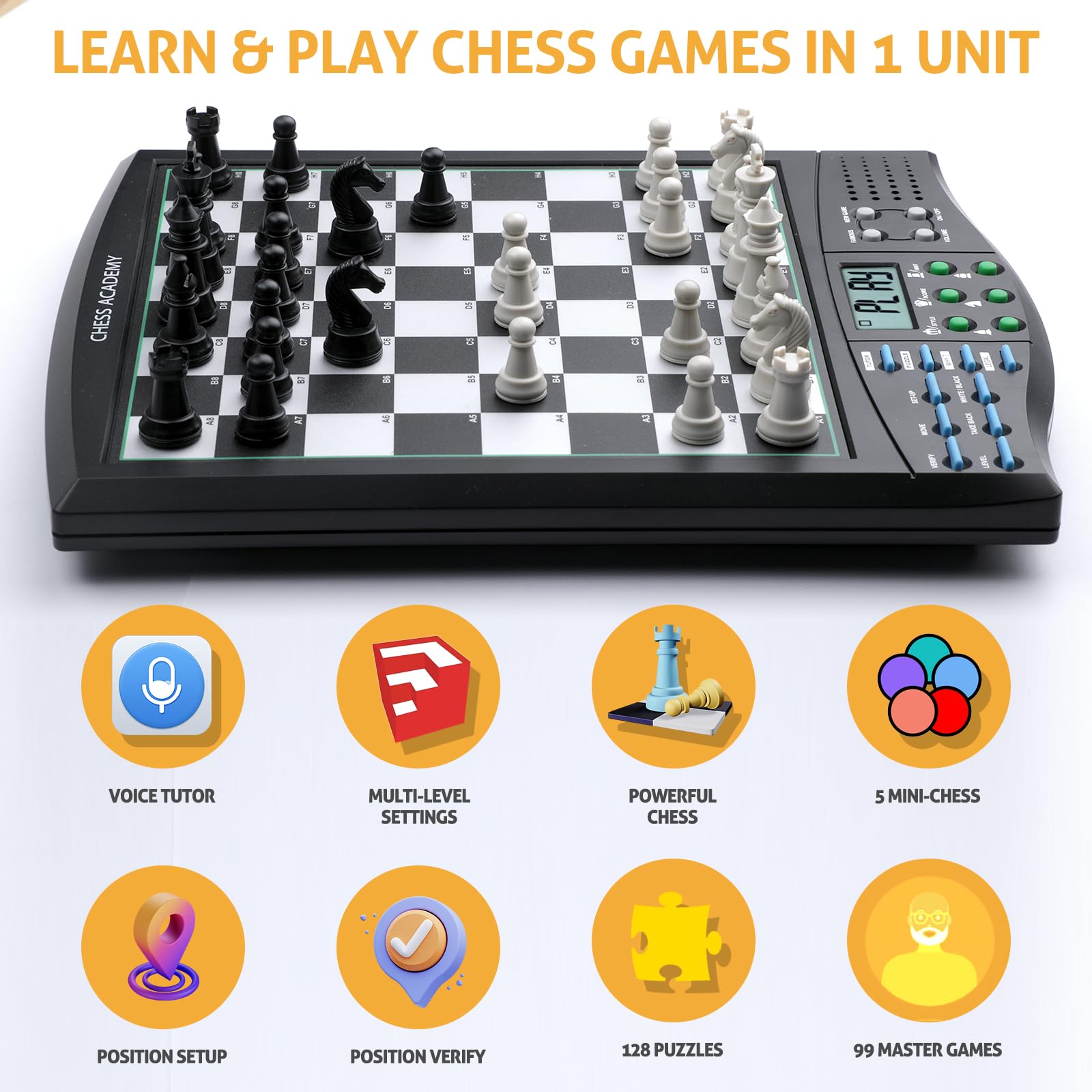 LEVEROAM Talking Chess Academy with Voice Teaching System, Electronic Chess Set with Strong Magnetic Pieces, Electronic Chess Board with Rating ELO