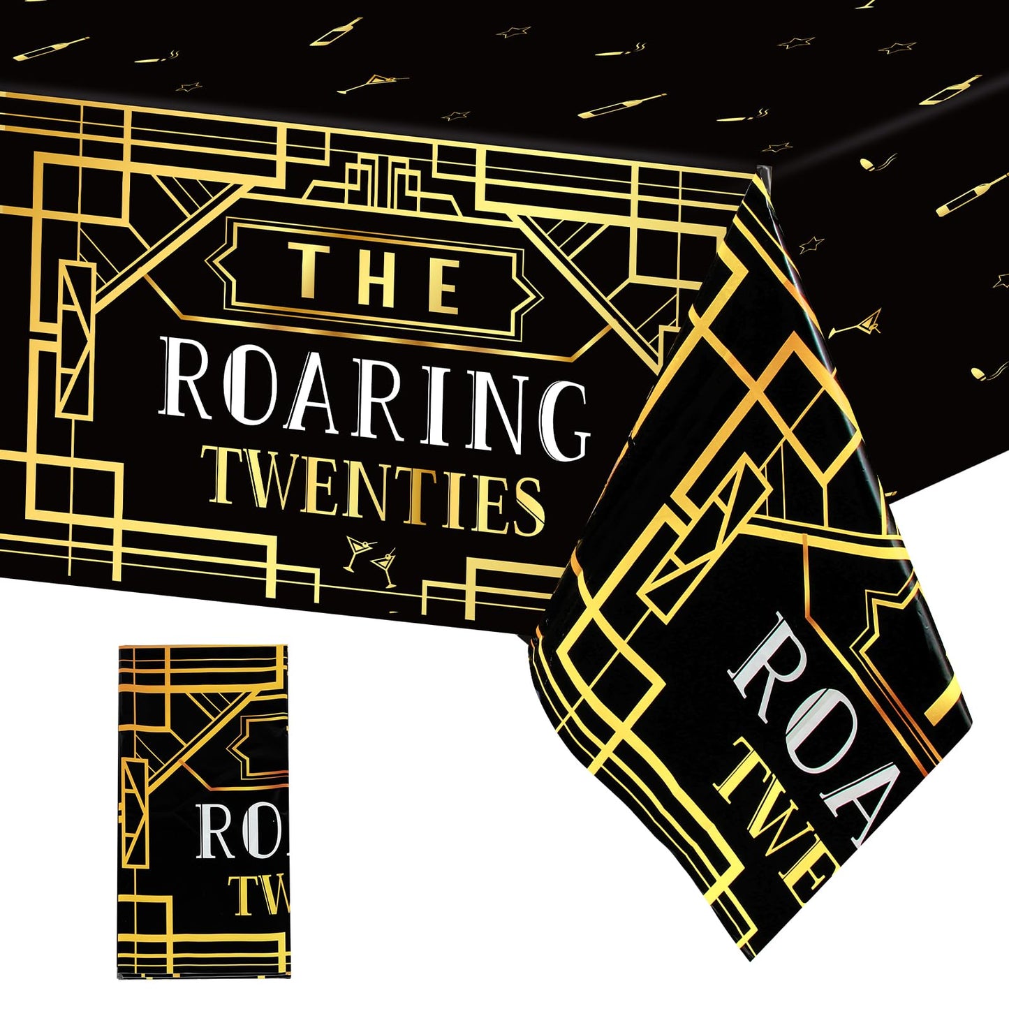 Roaring 1920s Party Plastic Tablecloths - Black & Gold Speakeasy Vintage Flapper Wedding Party Supplies (1 Pack Disposable Table Cover)