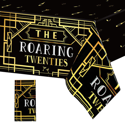 Roaring 1920s Party Plastic Tablecloths - Black & Gold Speakeasy Vintage Flapper Wedding Party Supplies (1 Pack Disposable Table Cover)