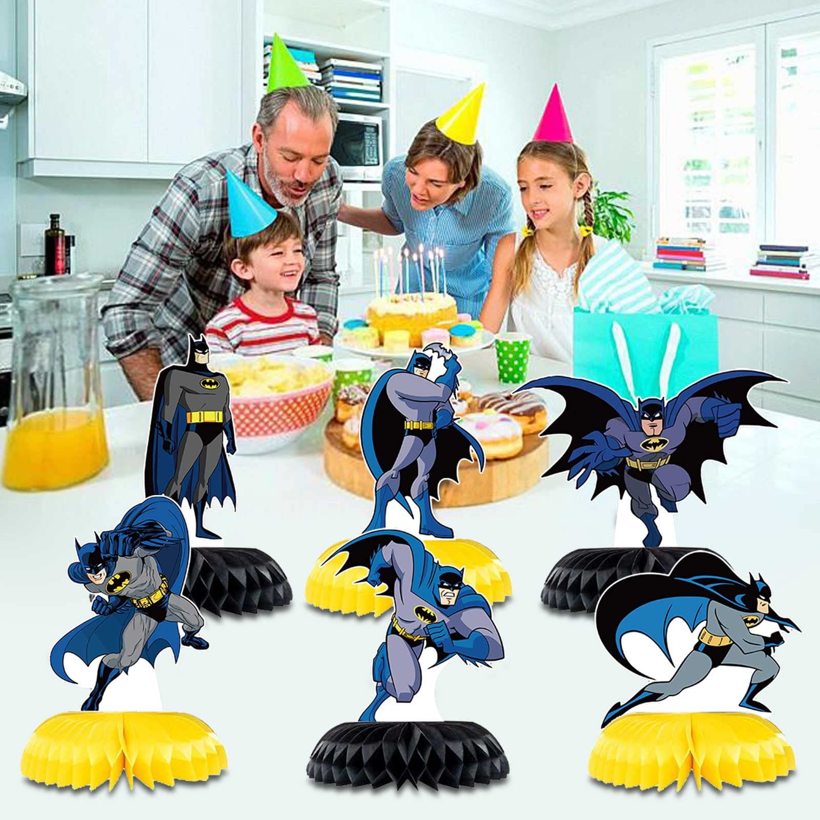 Bat-Man Birthday Party Supplies - 6pc Bat Hero Theme Table Centerpieces, Double Side Honeycomb Table Decorations, Cake Toppers, Photo Booth Props,
