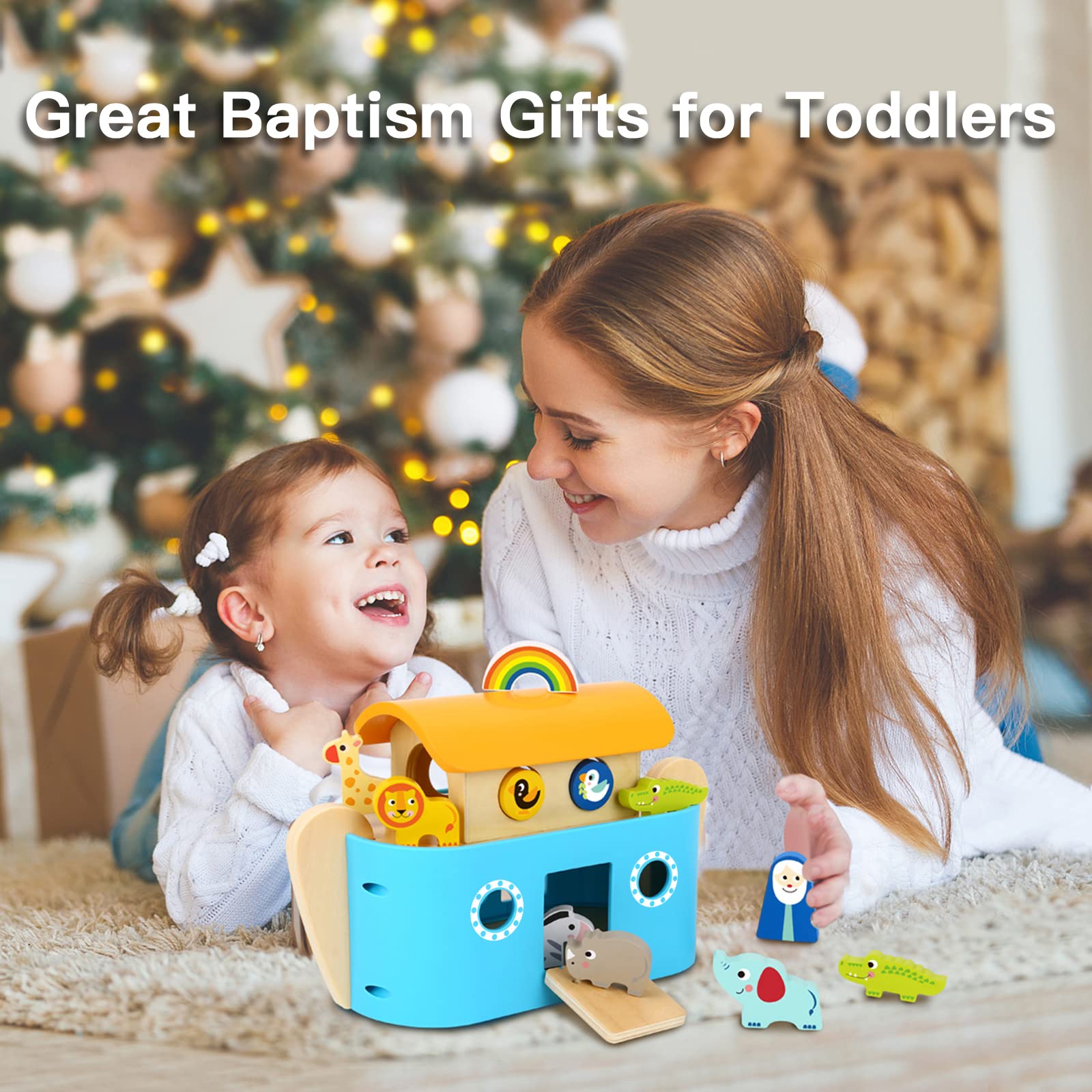 TOOKYLAND Noah's Ark Toys for Toddlers Wooden Animal Shape Sorter Toys, Baptism Gifts for Boys and Girls, Bible Story Toy with Story Book, Montessori