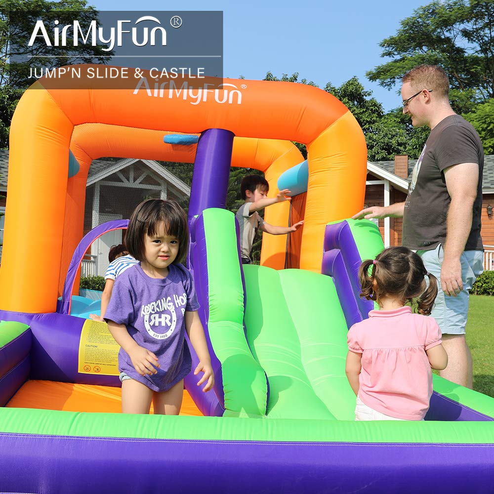 AirMyFun Inflatable Bounce House, Obstacles Bouncer & Slide with Air Blower (Purple Style)